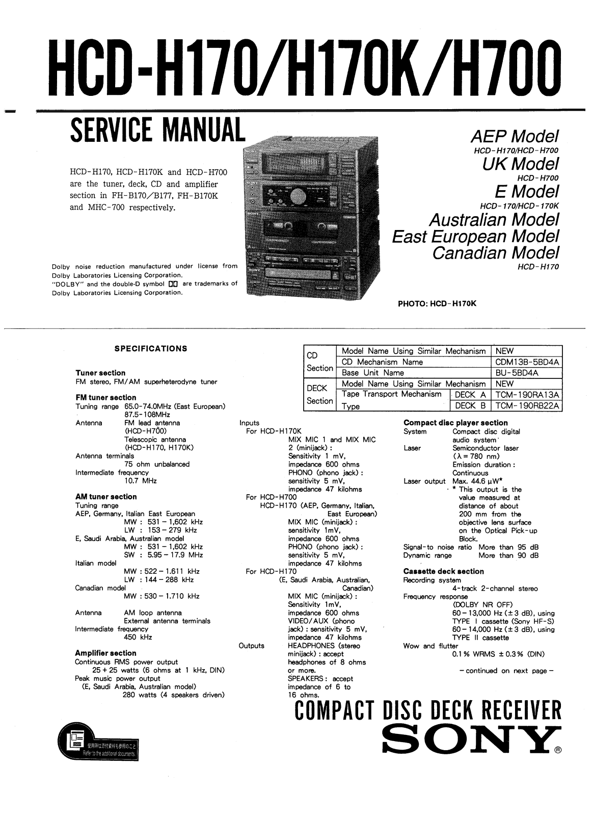 sony hcd-h170, hcd-h170k, hcd-h700 Service Manual