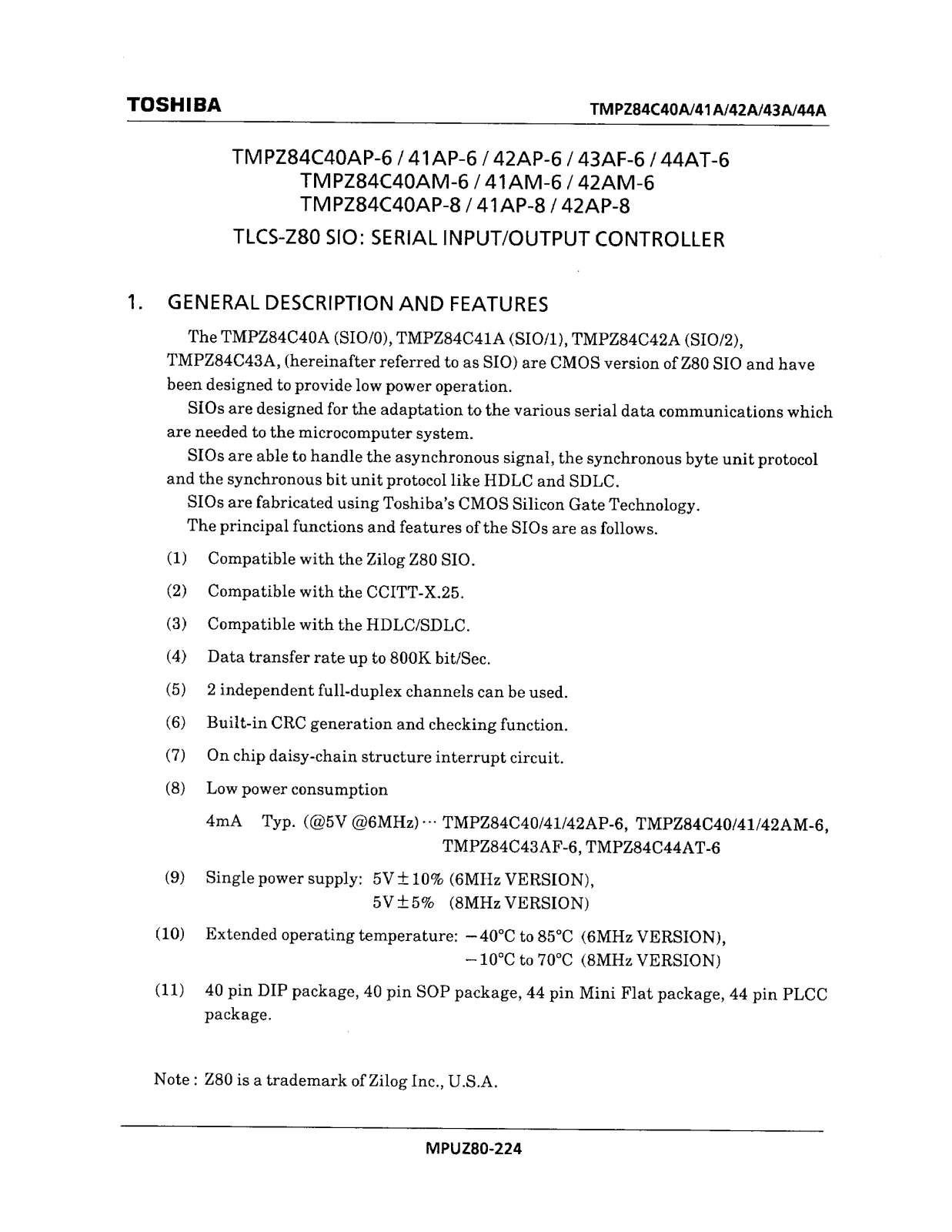 Toshiba TMPZ84C40AM-6 Datasheet