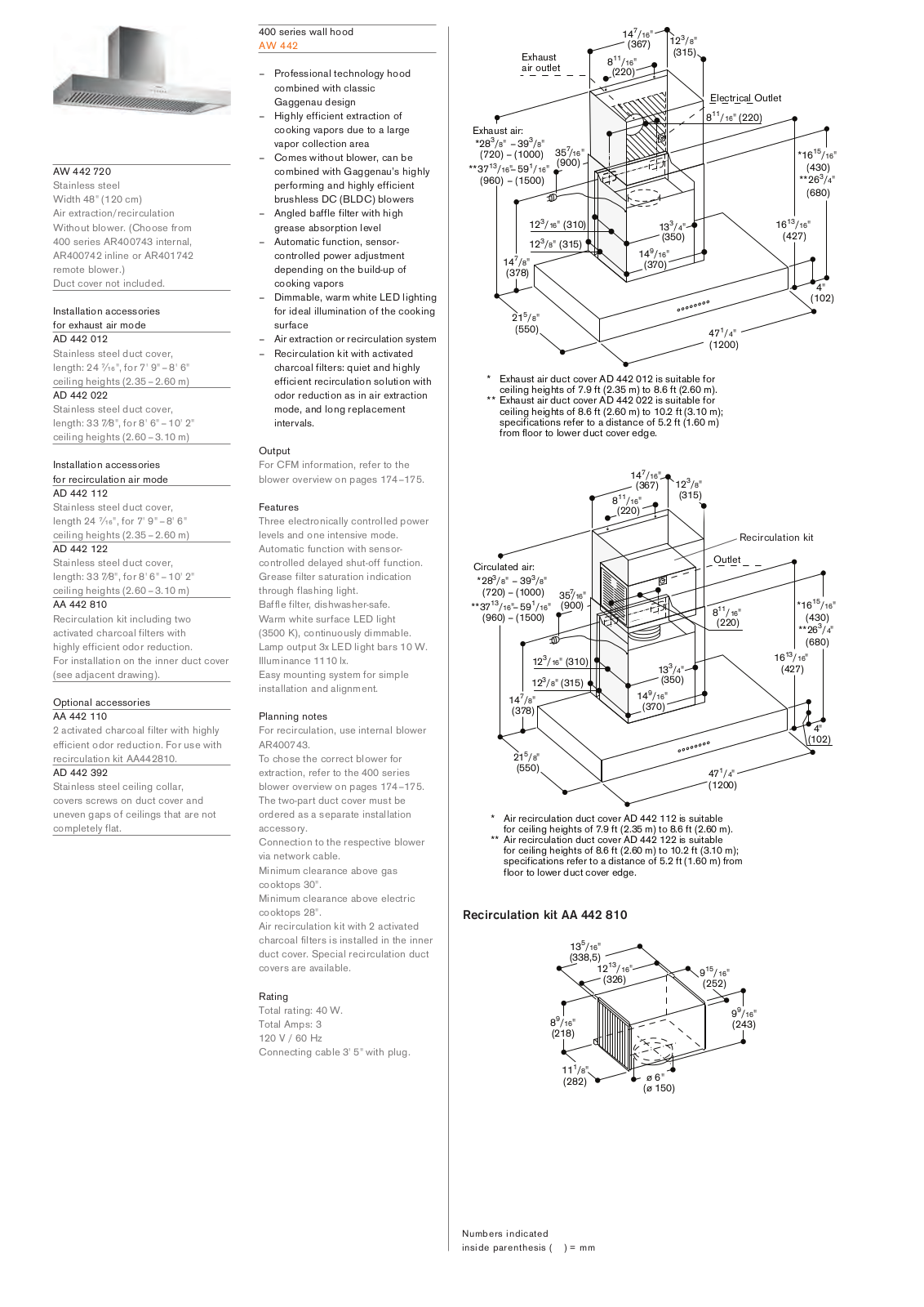 Gaggenau AW442720 PRODUCT SPECIFICATIONS