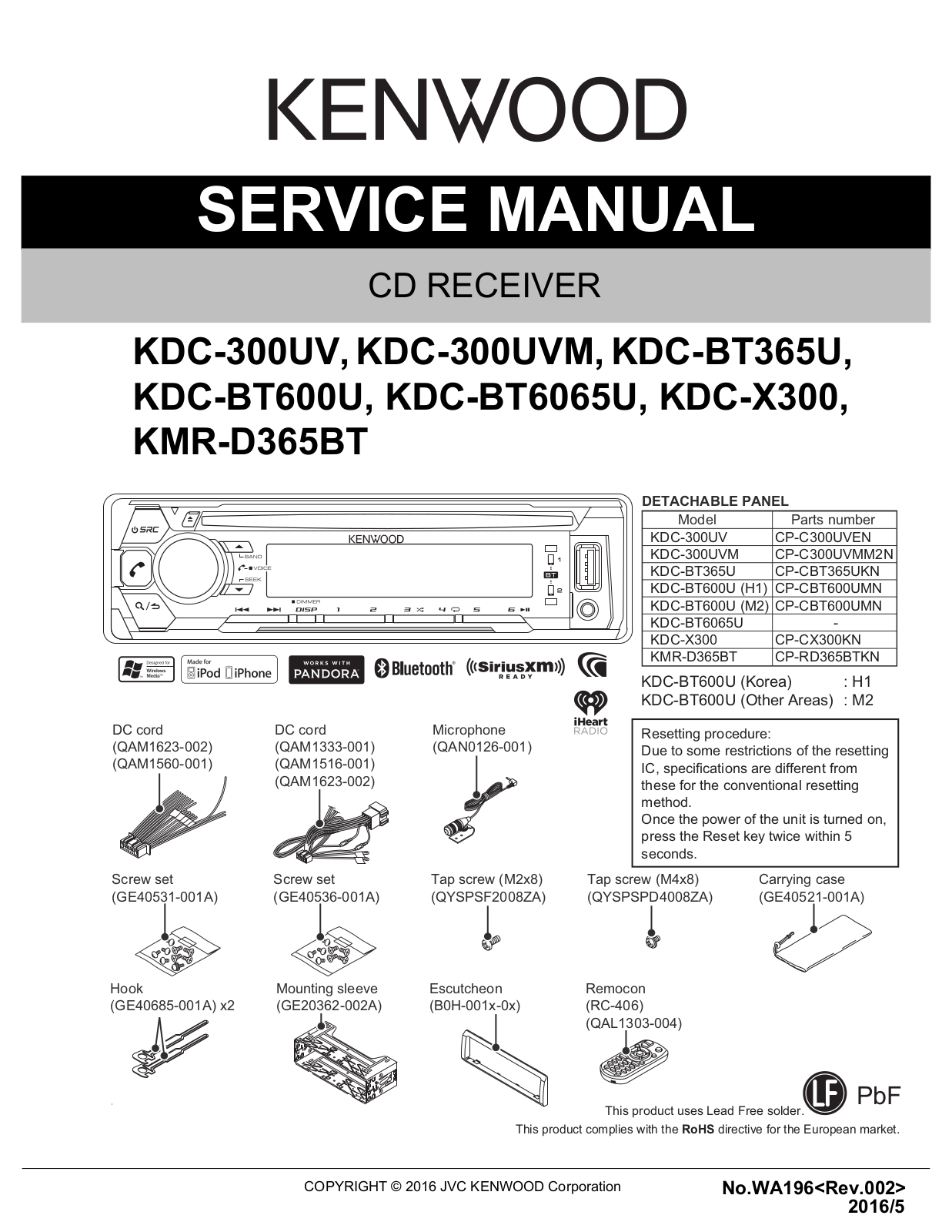 Kenwood KDC-300UV, KDC-300UVM, KDC-BT365U, KDC-BT600U, KDC-BT6065U Service manual