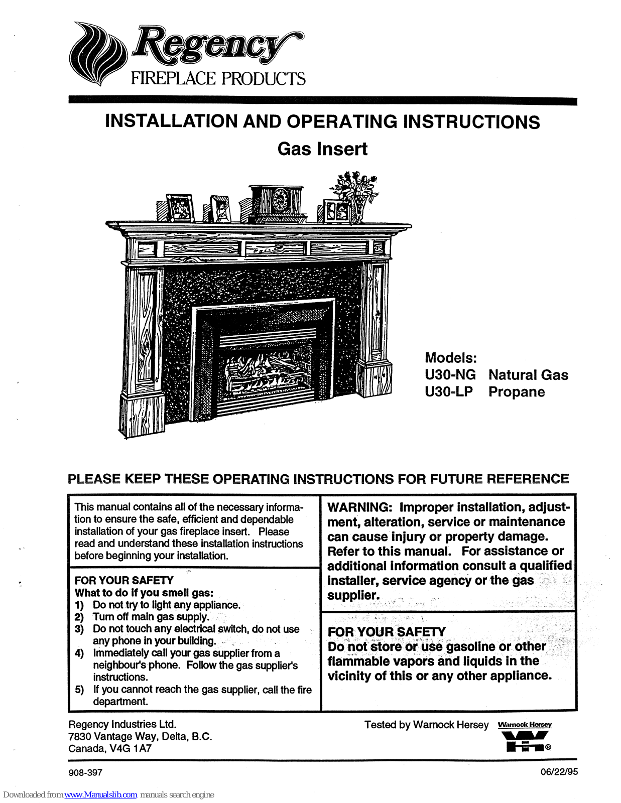 Regency U30-NG, U30-LP Installation And Operating Instructions Manual - ManualMachine.com
