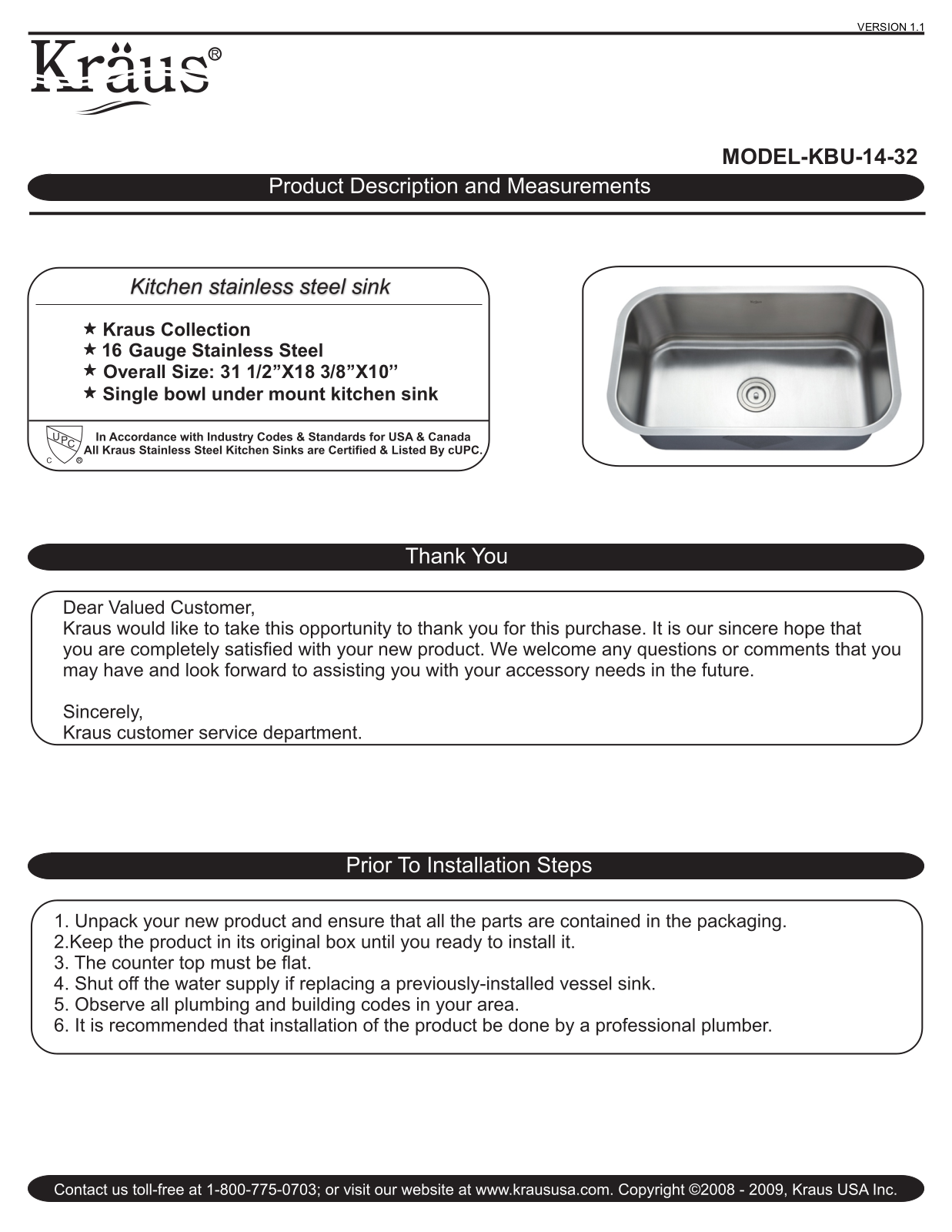 Kraus KBU14163042SS Specs