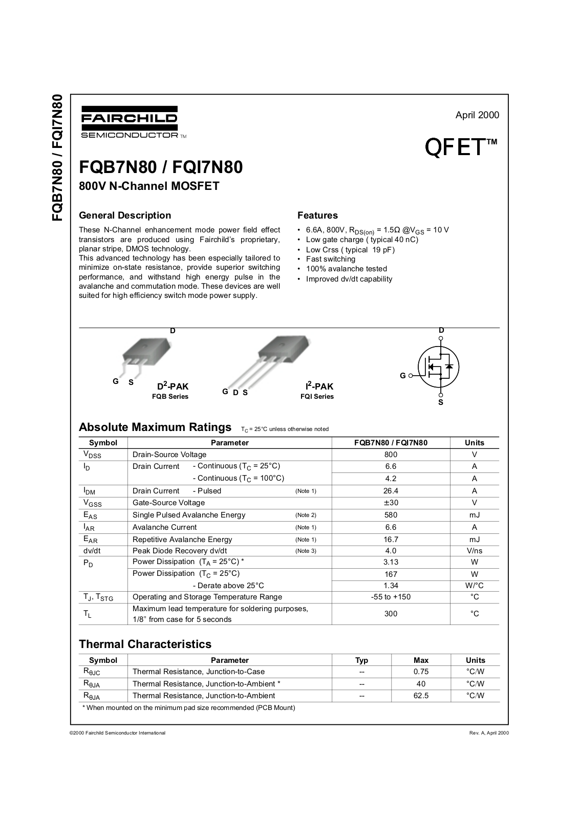 Fairchild Semiconductor FQI7N80, FQB7N80 Datasheet