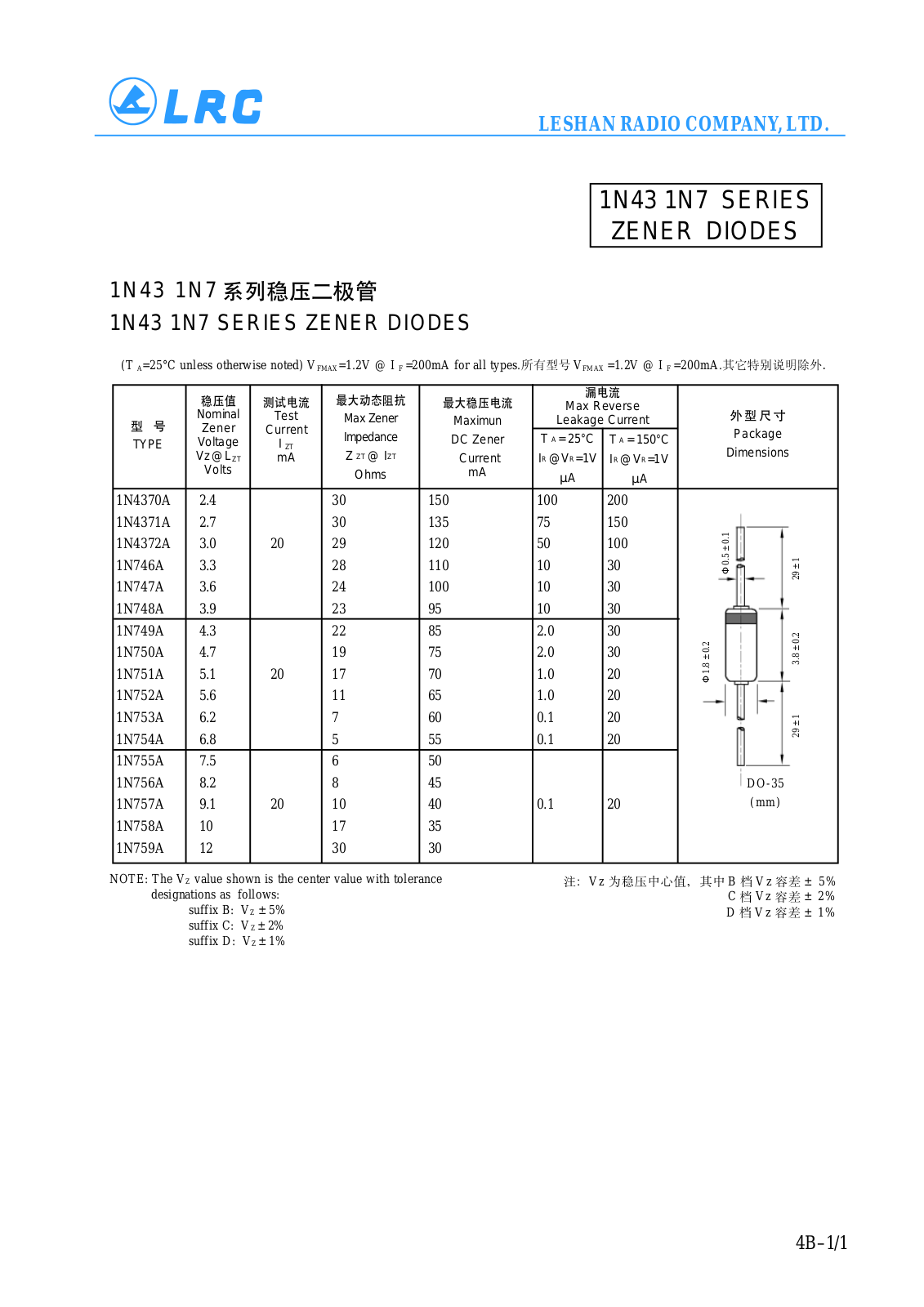 Datasheet 1N759D, 1N759C, 1N759B, 1N759A, 1N758A Datasheet (LRC) - ManualMachine.com