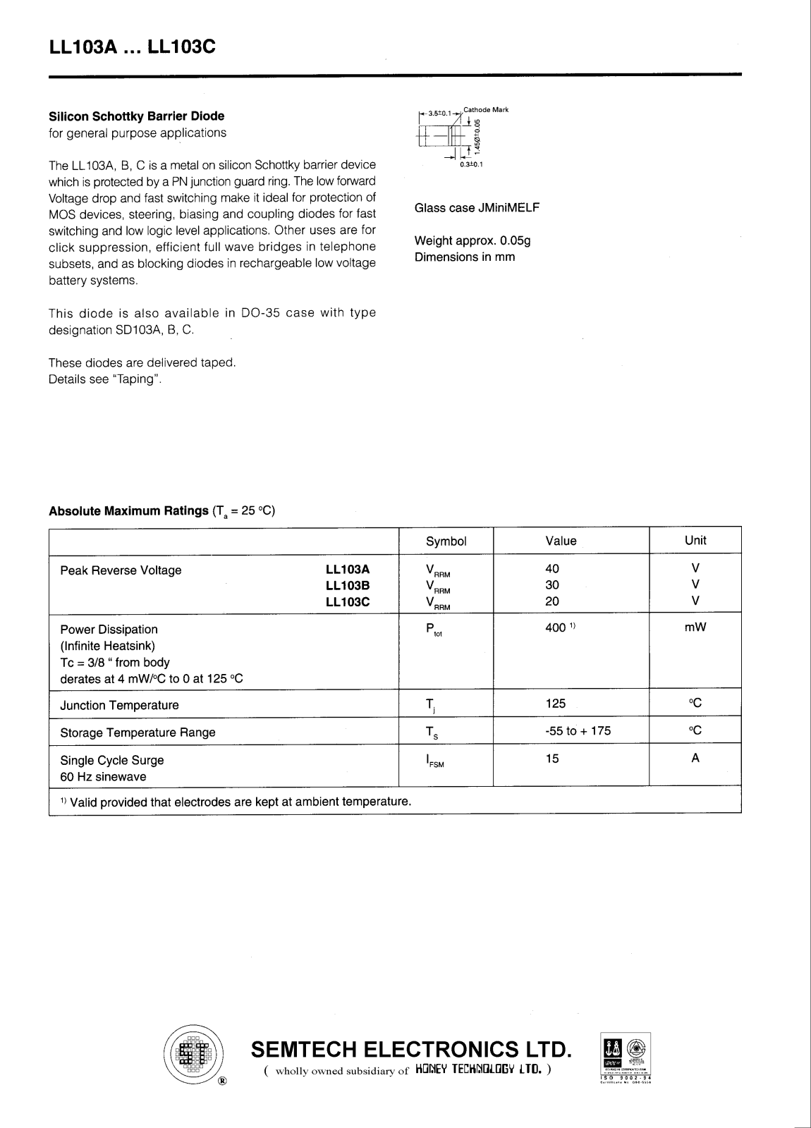 SEMTECH ELECTRONICS LL103C, LL103A, LL103B Datasheet