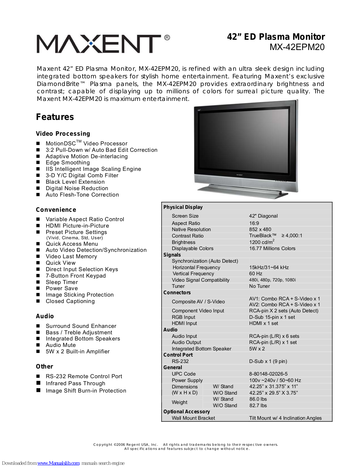 Maxent MX-42EPM20 Specifications - ManualMachine.com