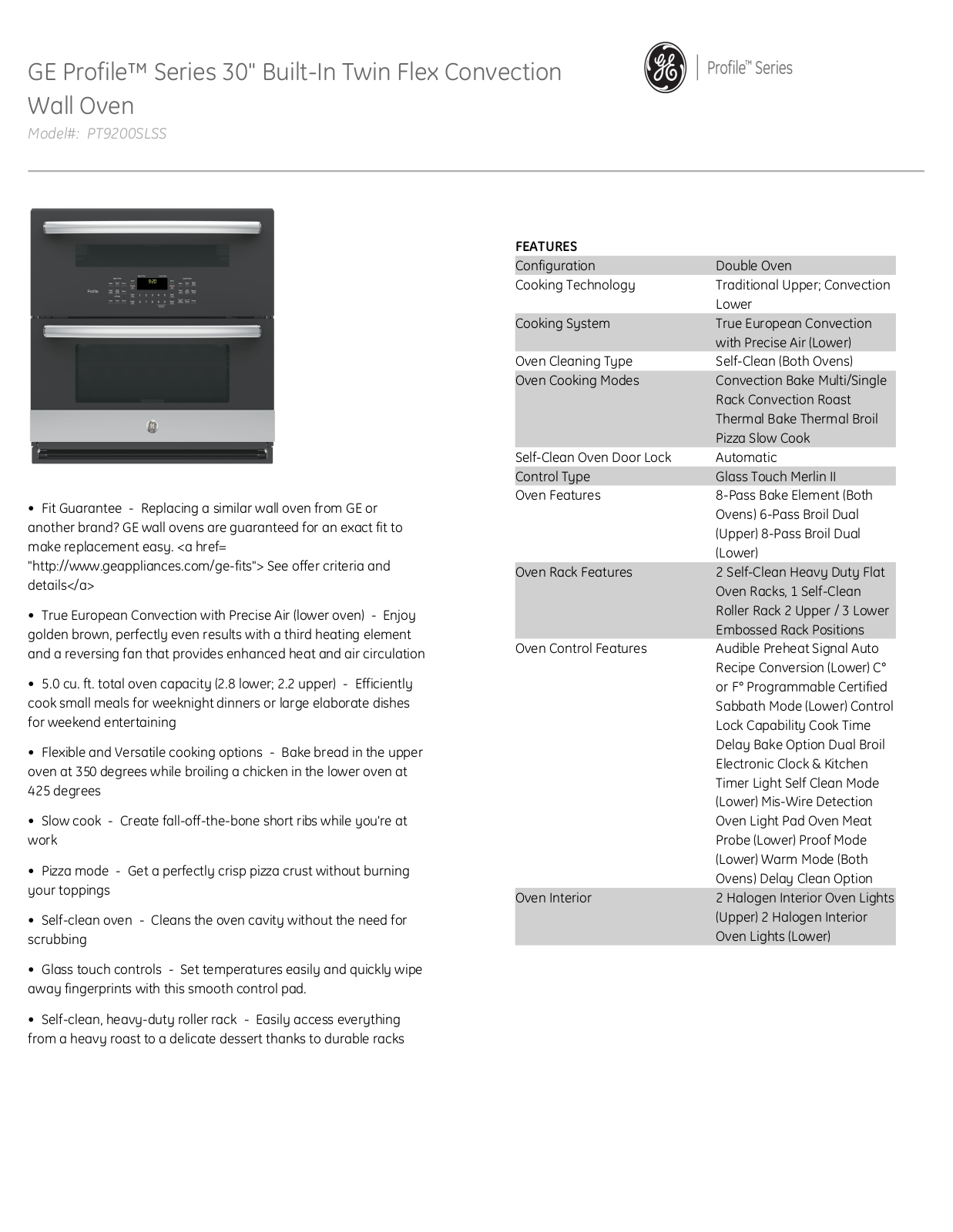 GE Profile PT9200SLSS Specifications