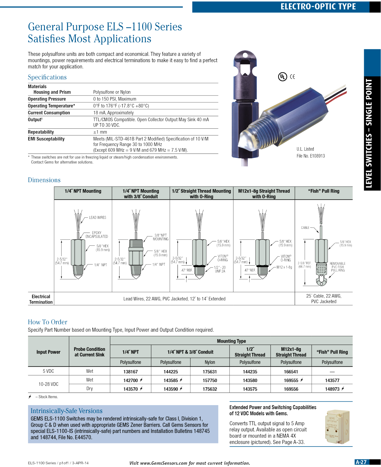 Gems Sensors & Controls ELS-1100 Specifications