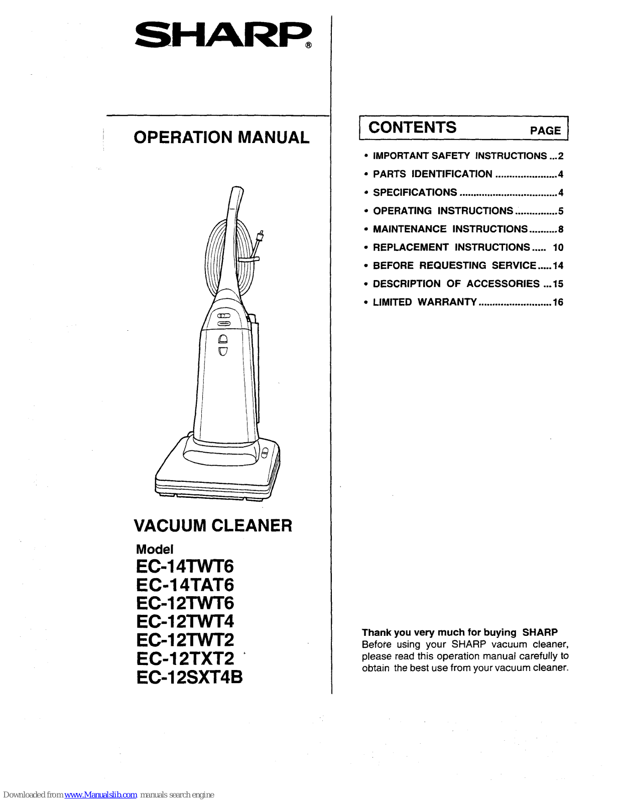 Sharp EC-12TWT4B, EC-12SXT5, EC-14TWT7, EC-12TWT2, EC-12TWT6 Operation Manual - ManualMachine.com