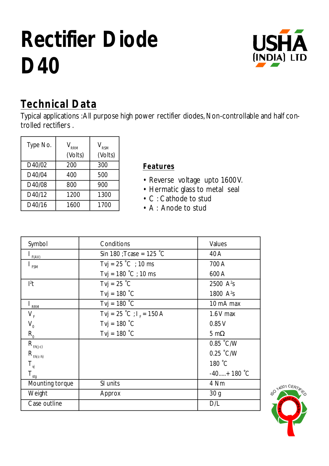 USHA D40-16, D40-12, D40-08, D40-04, D40-02 Datasheet