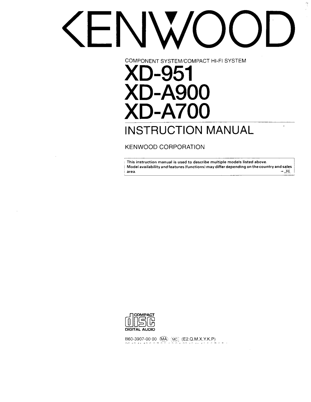 Kenwood XD-A700, XD-A900, XD-951, RXD-A700, RXD-A900 Owner's Manual