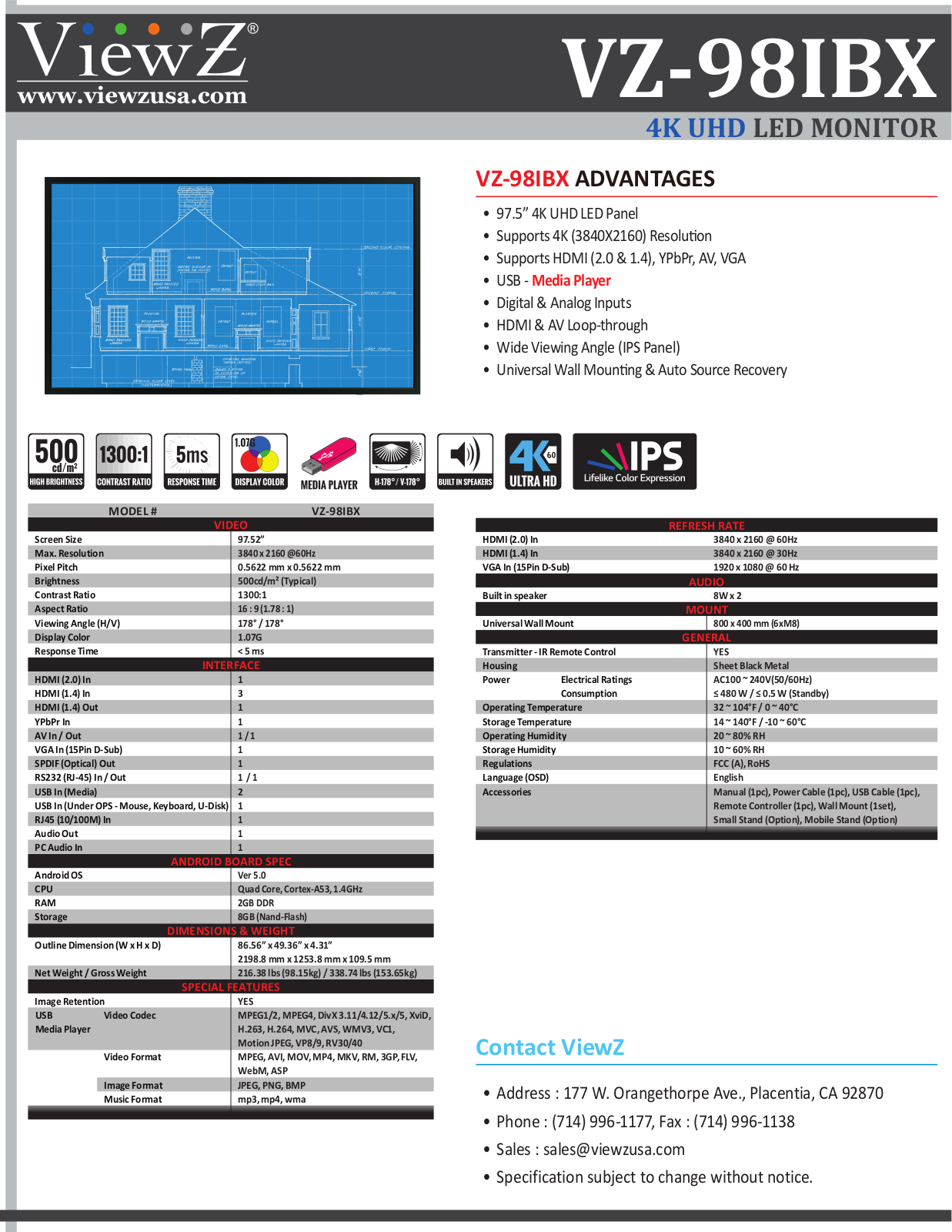 ViewZ VZ-98IBX Specsheet