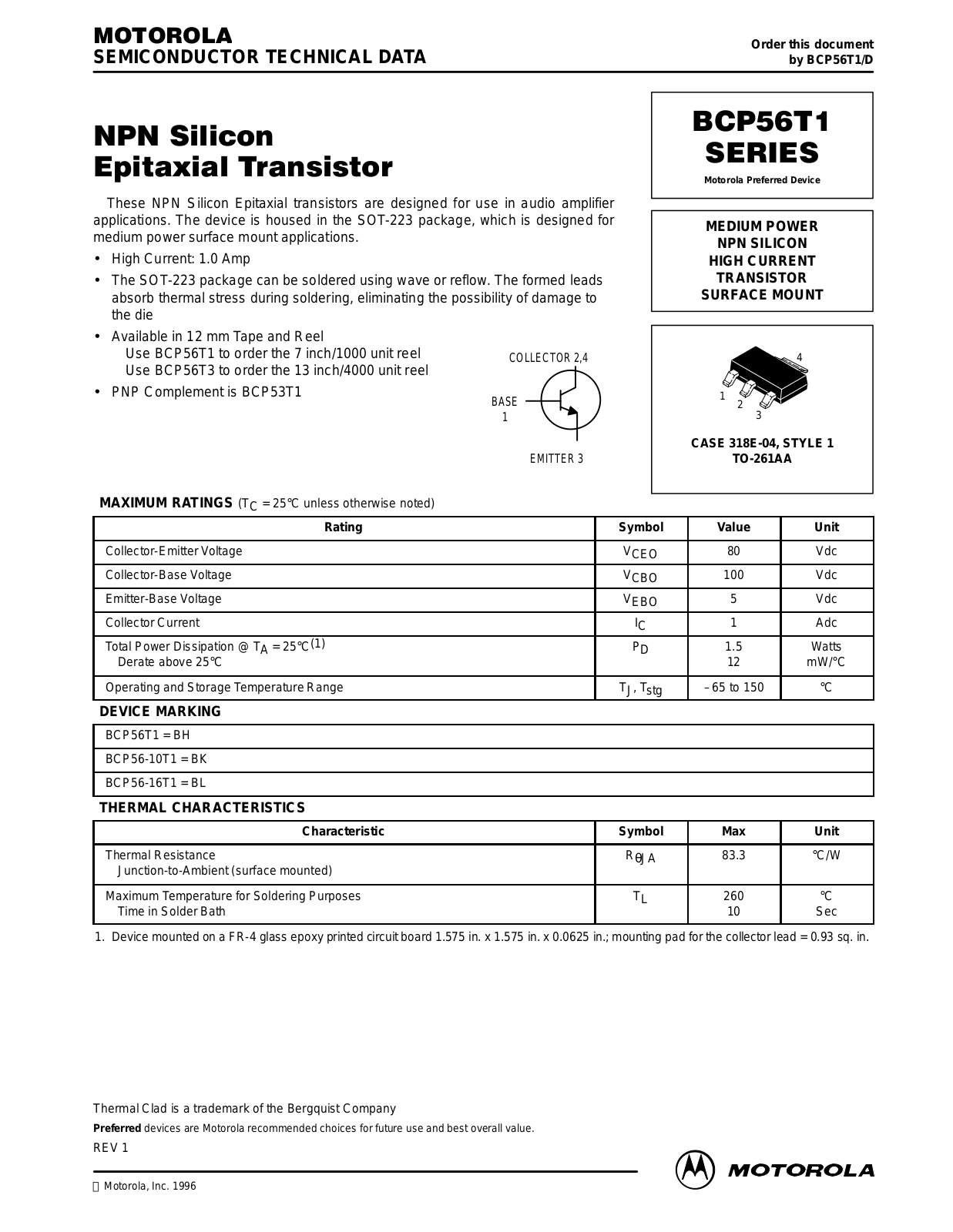 ON Semiconductor BCP56T3, BCP56-16T3, BCP56-16T1, BCP56-10T1 Datasheet