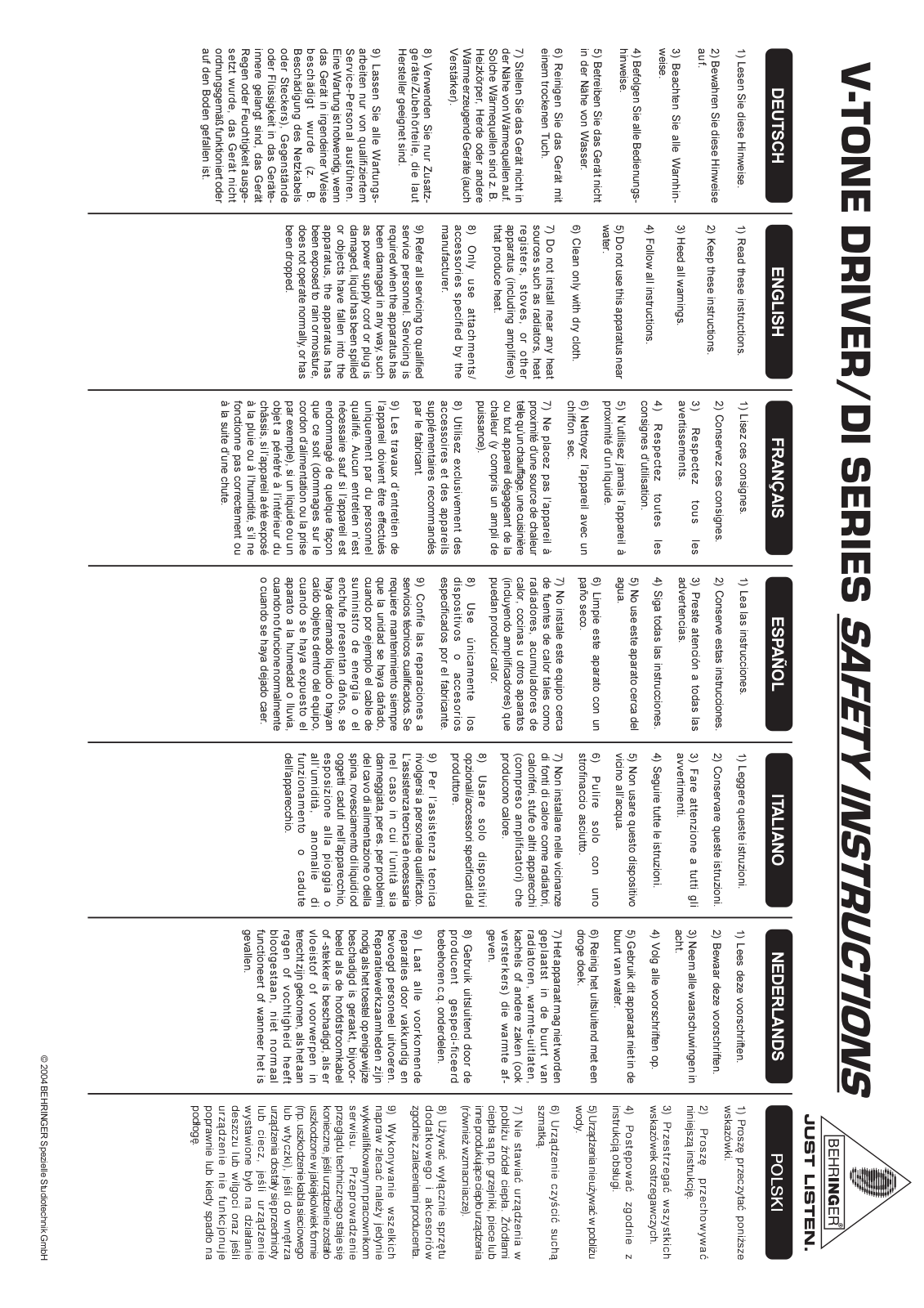 Behringer DI BDI21, DI ADI21, DI GDI21 Safety Instructions