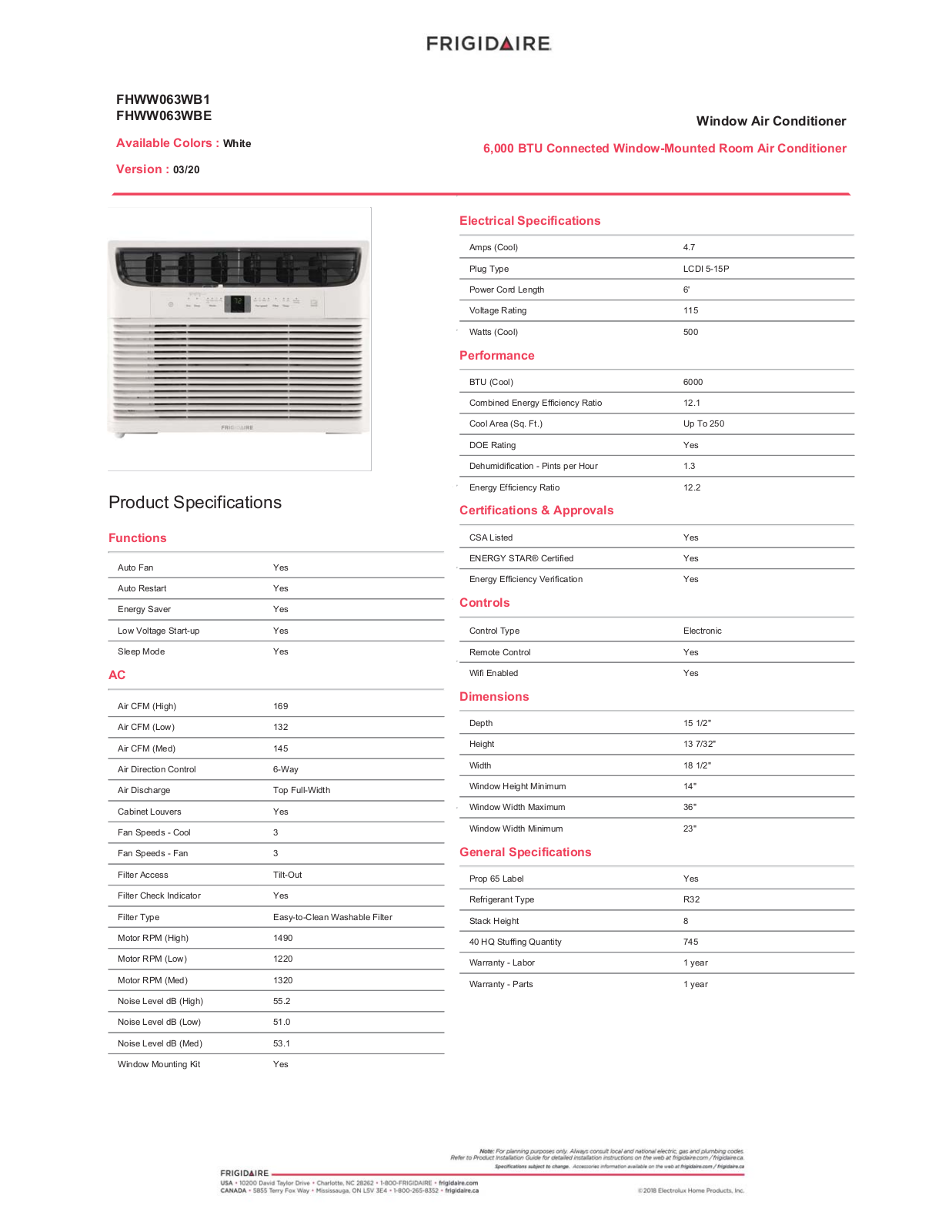 Frigidaire FHWW063WBE Specification Sheet