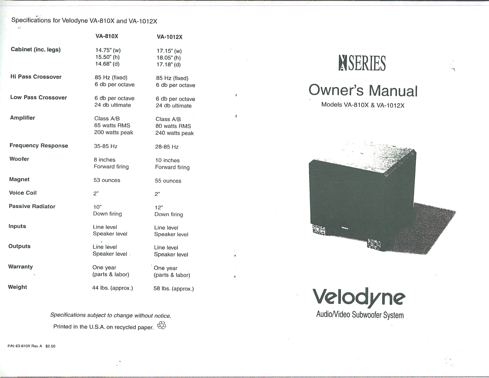 Velodyne Acoustics VA-810-X Owners manual