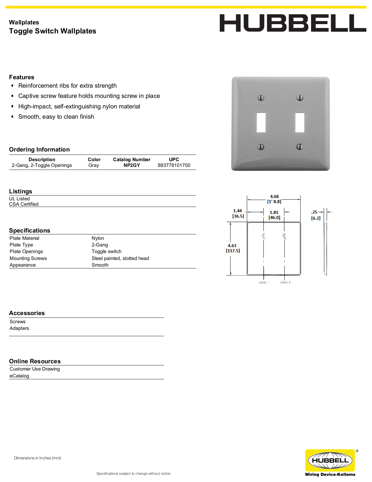 Hubbell NP2GY Specifications