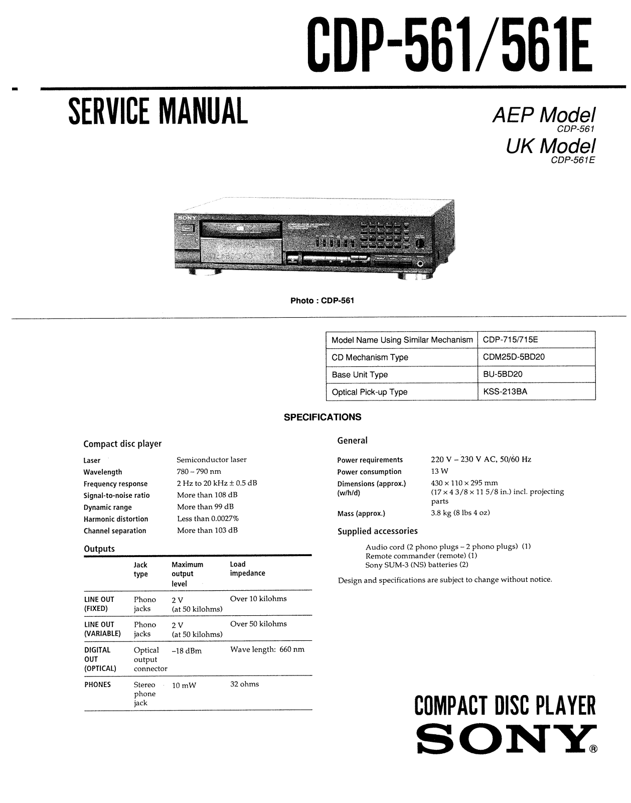 Sony CDP-561, CDP-561-E Service manual