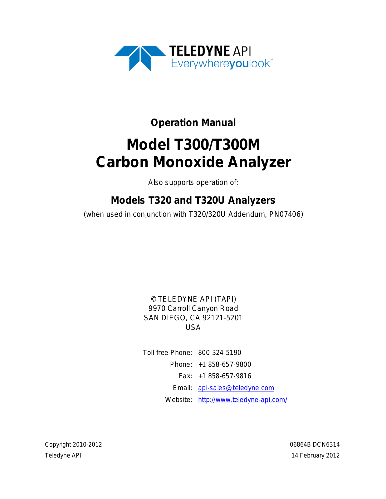 Teledyne T300, T320, T320U, T300M Operation Manual