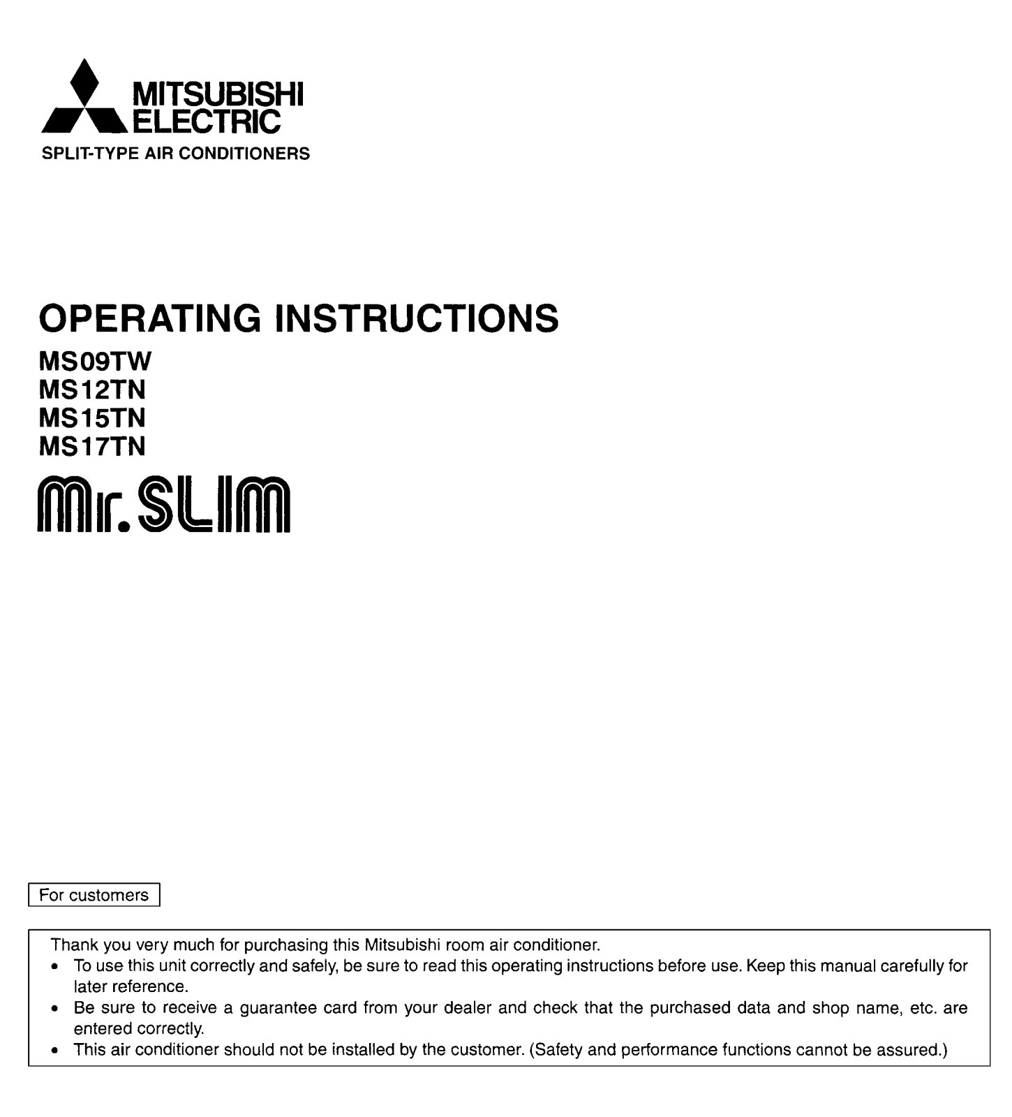 Mitsubishi MS17TN, MS15TN, MS12TN, MS09TW User Manual