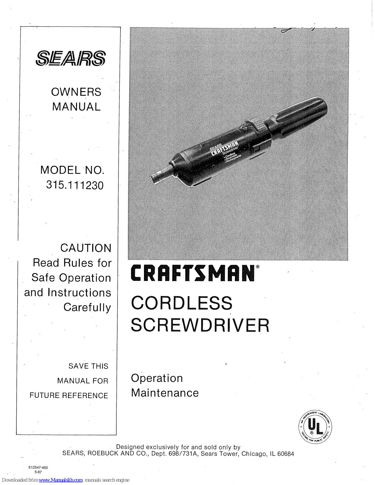 Sears Craftsman 315.111230 Owner's Manual