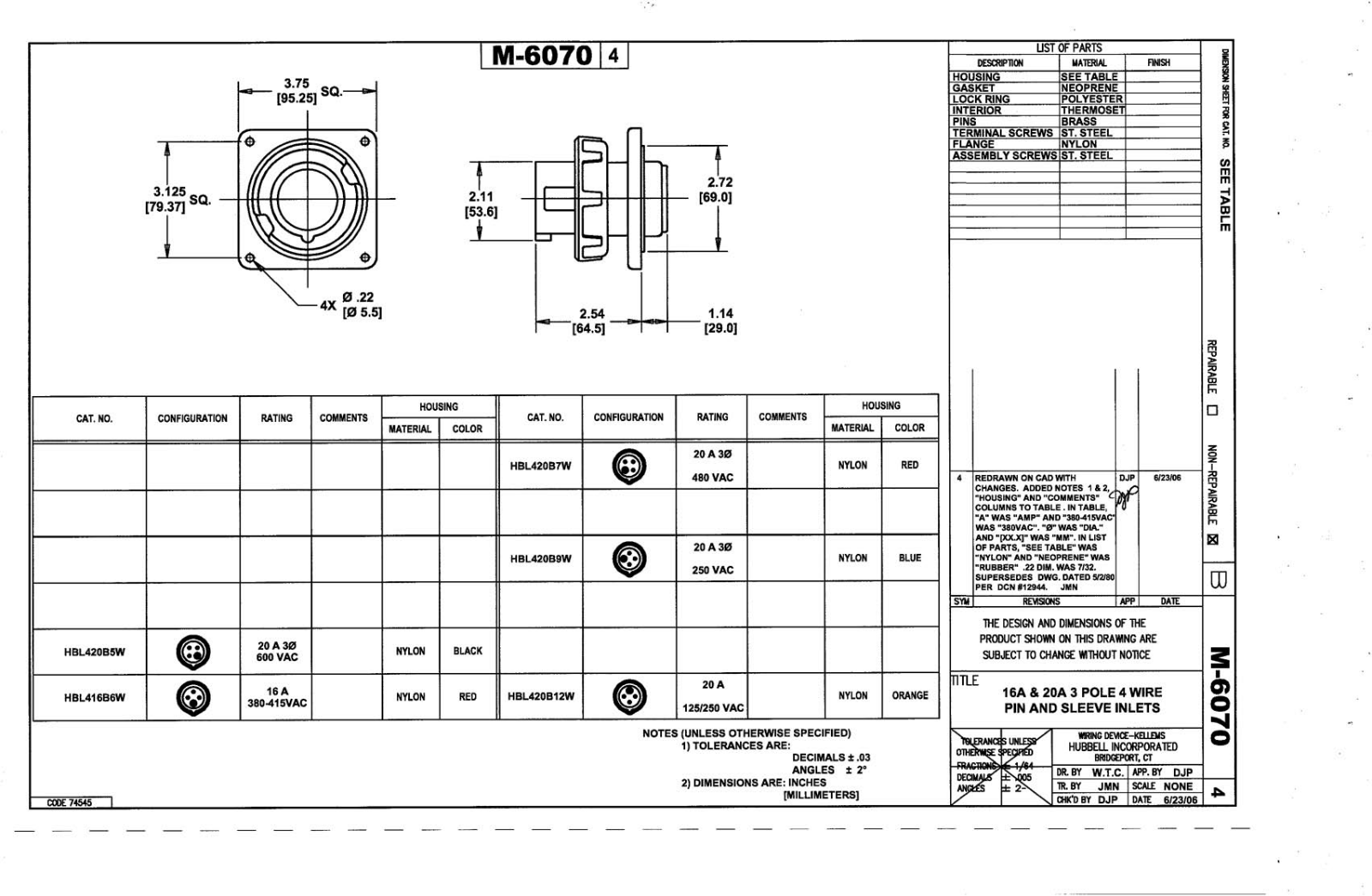 Hubbell HBL420B12W Reference Drawing