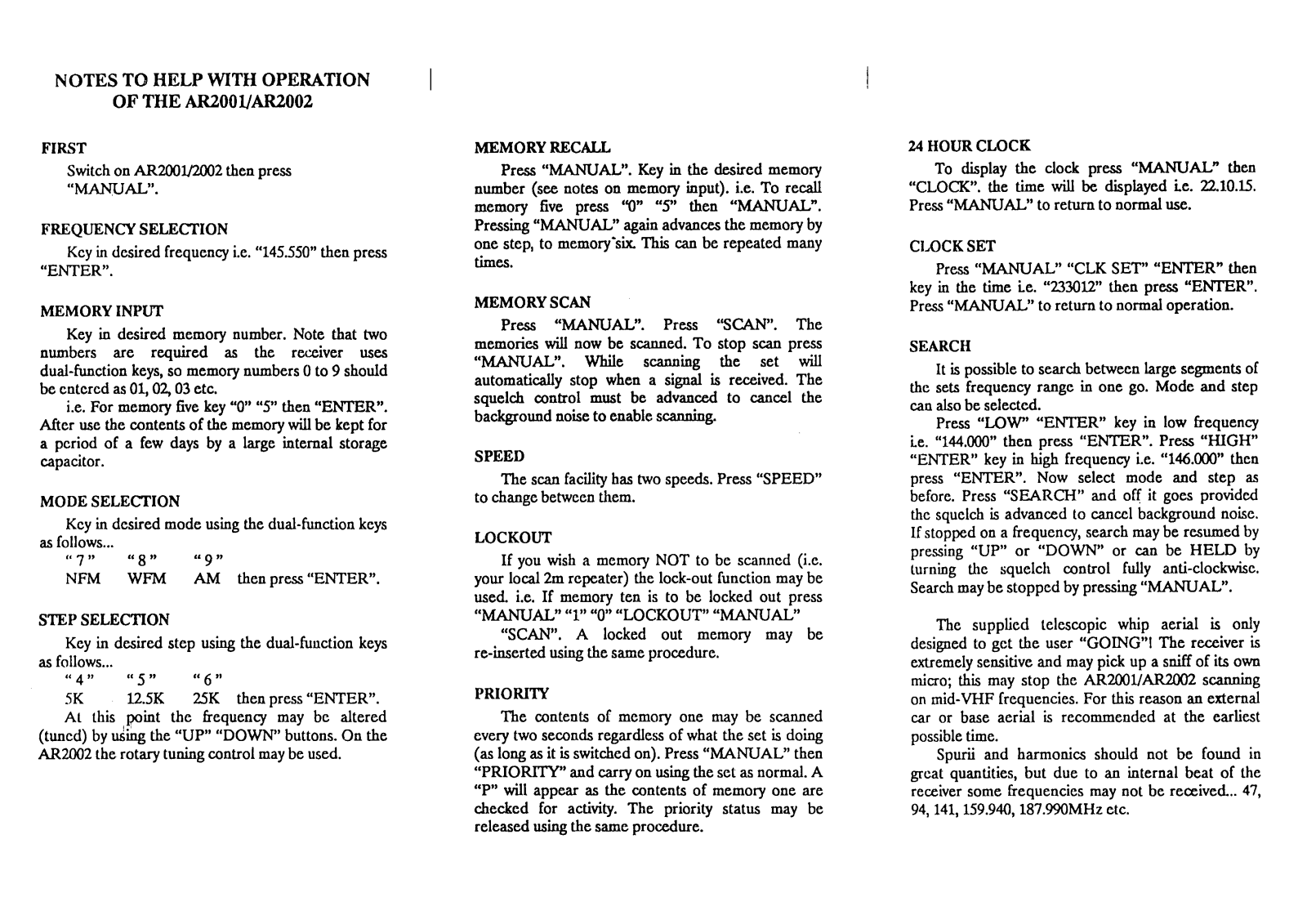 AOR AR2002, AR2001 Operating Manual