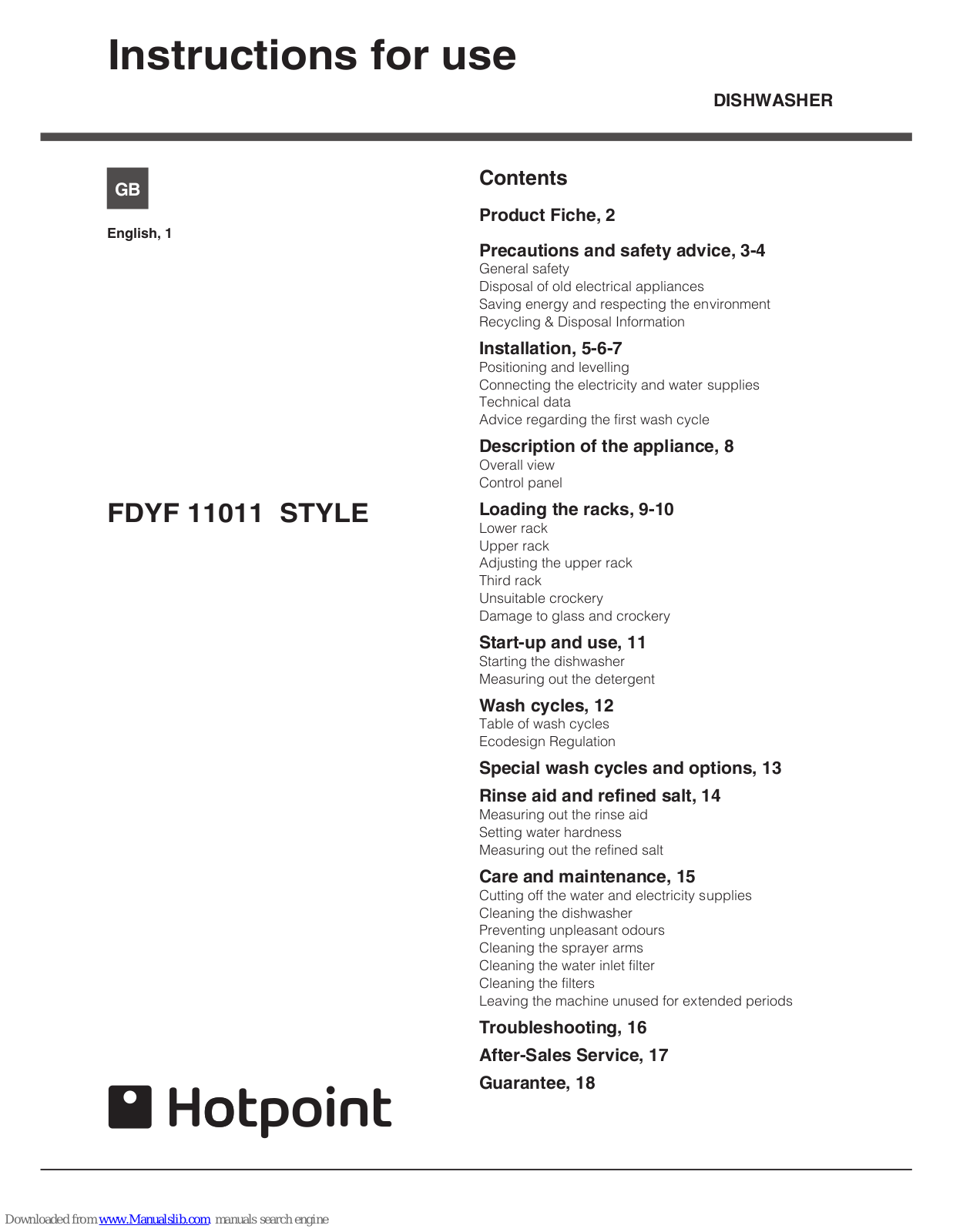 Hotpoint FDYF 11011 STYLE Instructions For Use Manual