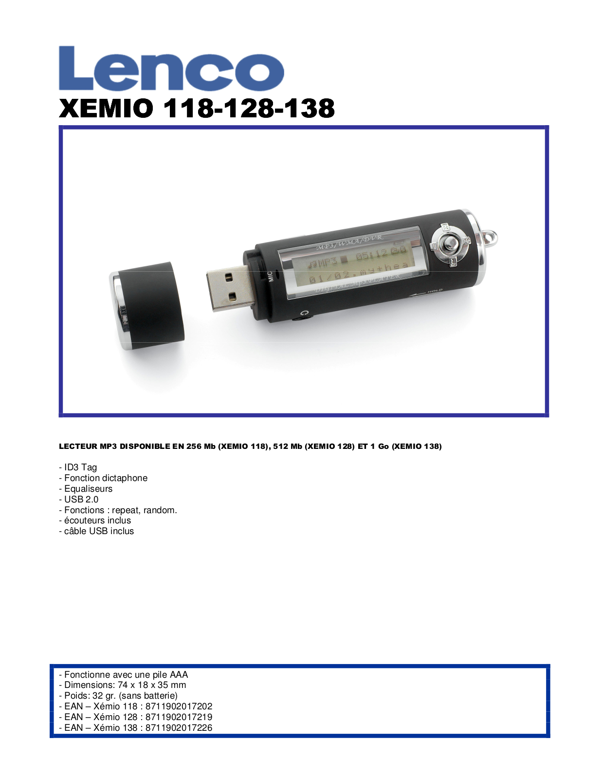 LENCO XEMIO-118, XEMIO-128, XEMIO-138 User Manual