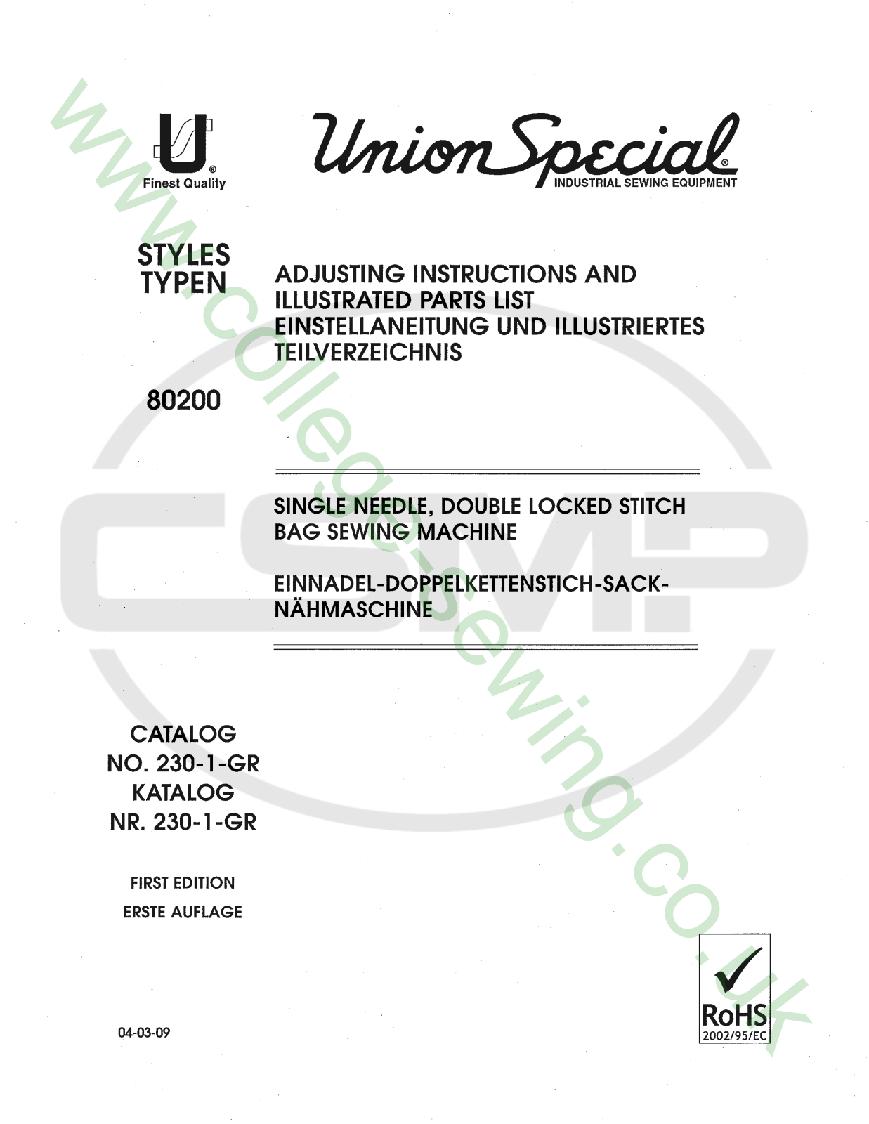 Union Special 230-1 GR Parts Book