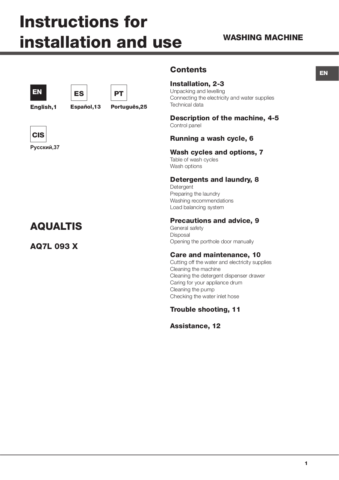 Hotpoint-ariston Aqualtis AQ7L 093 X User Manual