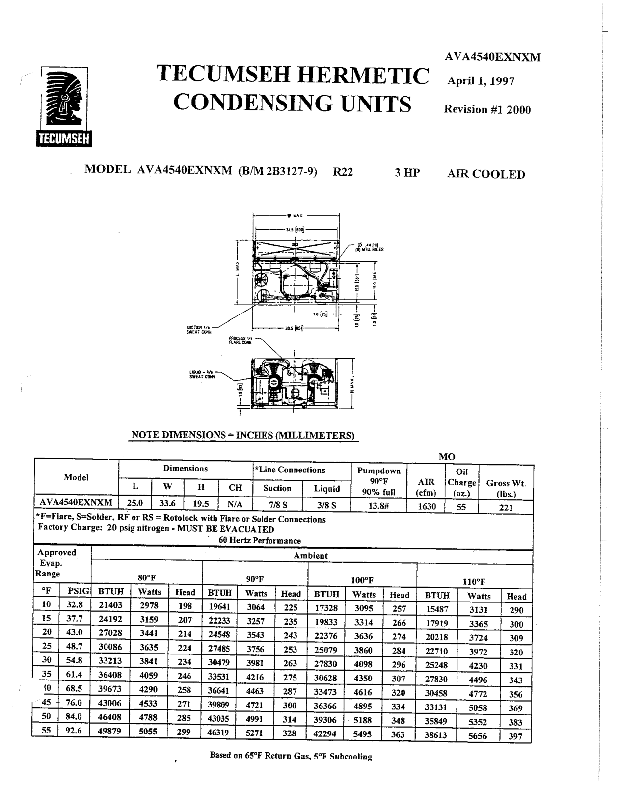 Tecumseh AVA4540EXNXM Performance Data Sheet