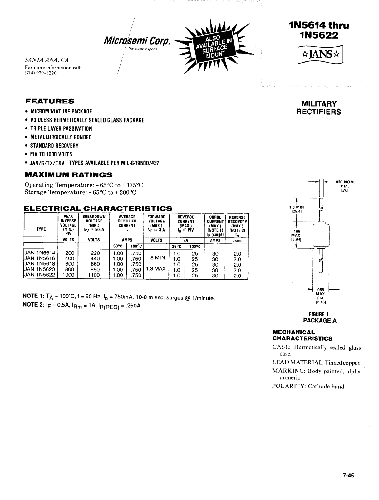 Microsemi Corporation 1N5622US, 1N5622, 1N5620US, 1N5620, 1N5618US Datasheet