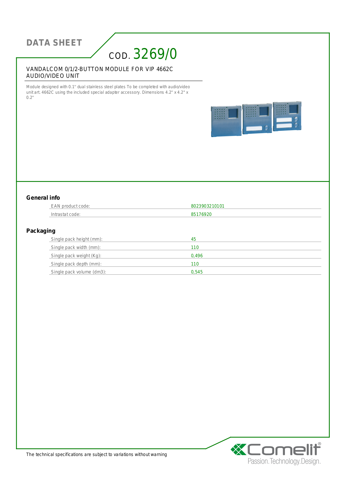 Comelit 3269-0 Specsheet