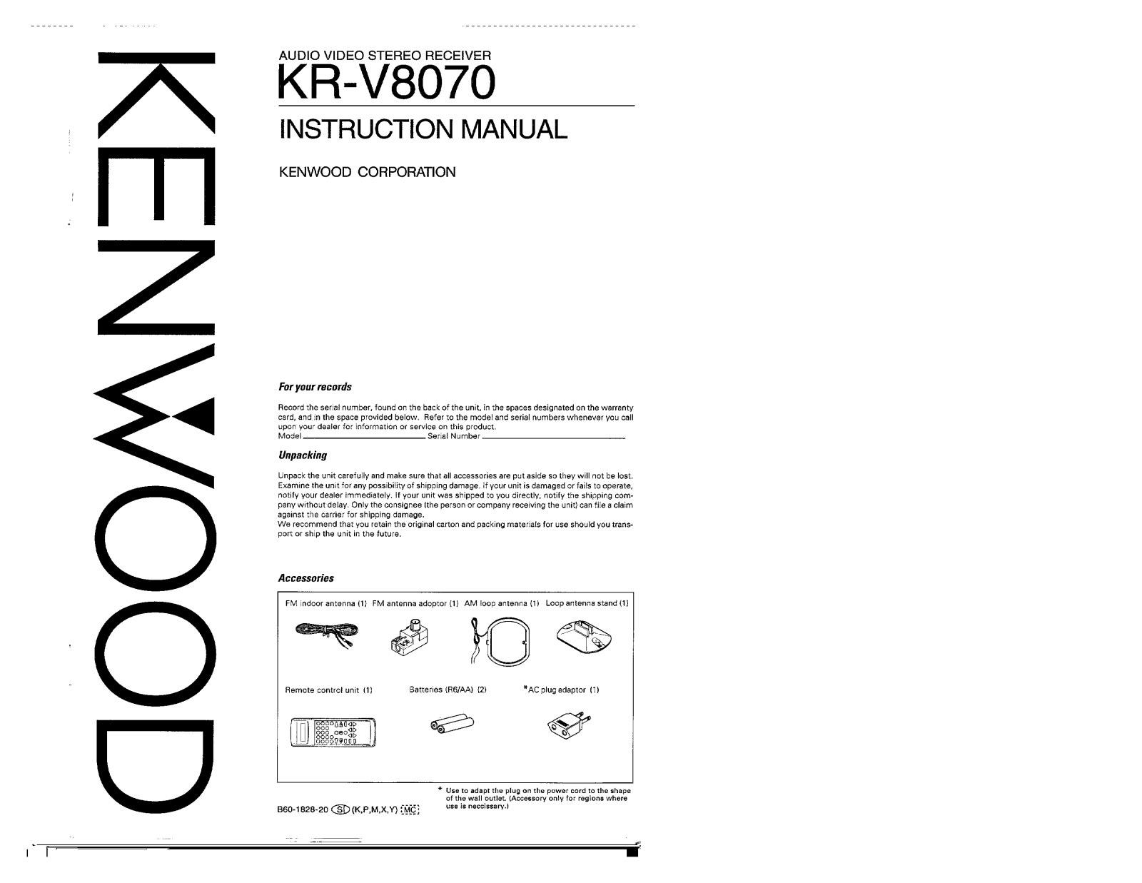 Kenwood KR-V8070 Owner's Manual