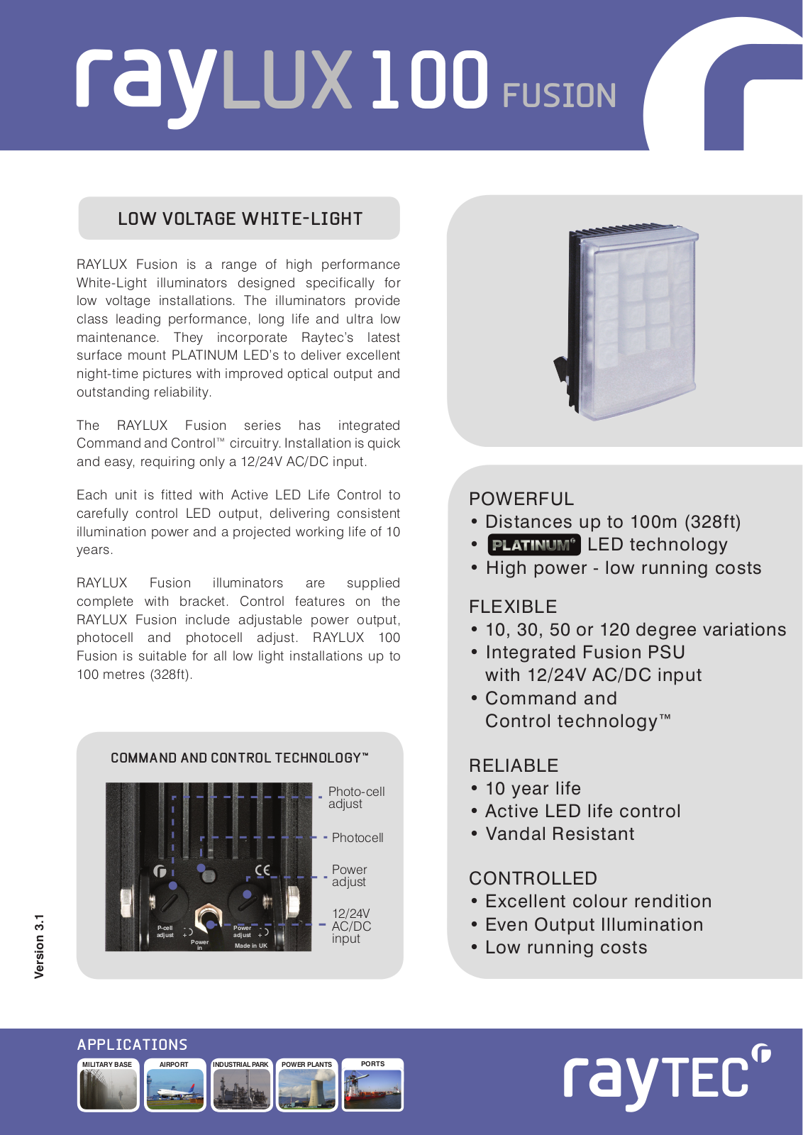 Raytec RL100-F-10, RL100-F-50 Specsheet