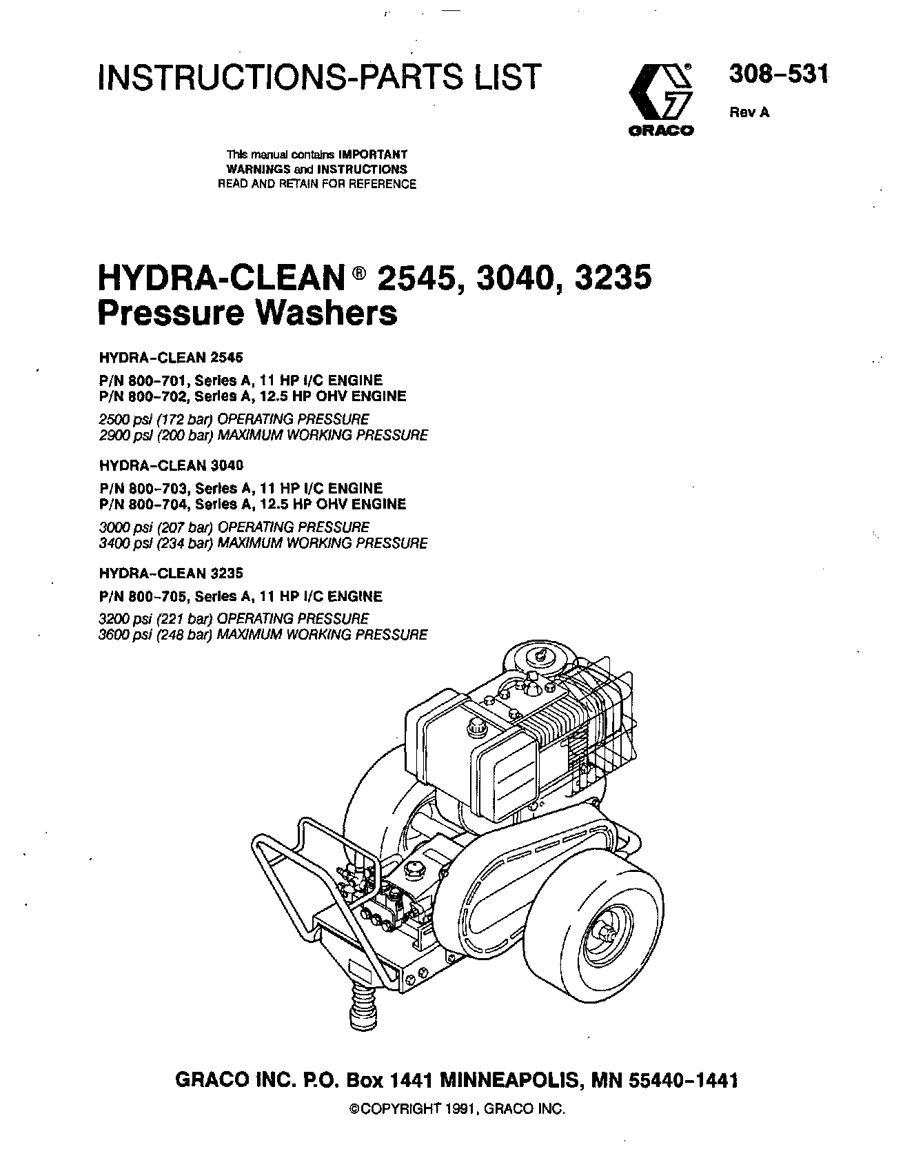 Graco Inc Hydra-Clean 800-705, Hydra-Clean 2545, Hydra-Clean 308-531, Hydra-Clean 800-703, Hydra-Clean 800-701 User Manual
