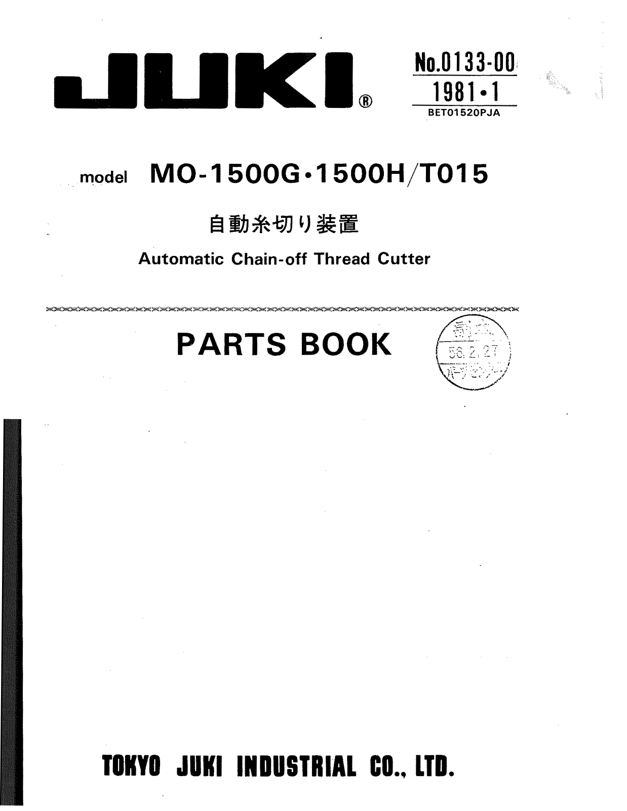 Juki MO-1500G, MOG-1500H/TO15 Parts List