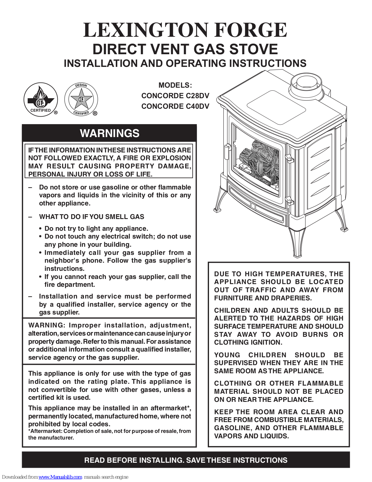 Lexington Forge CONCORDE C28DV, CONCORDE C40DV Operating Instructions Manual