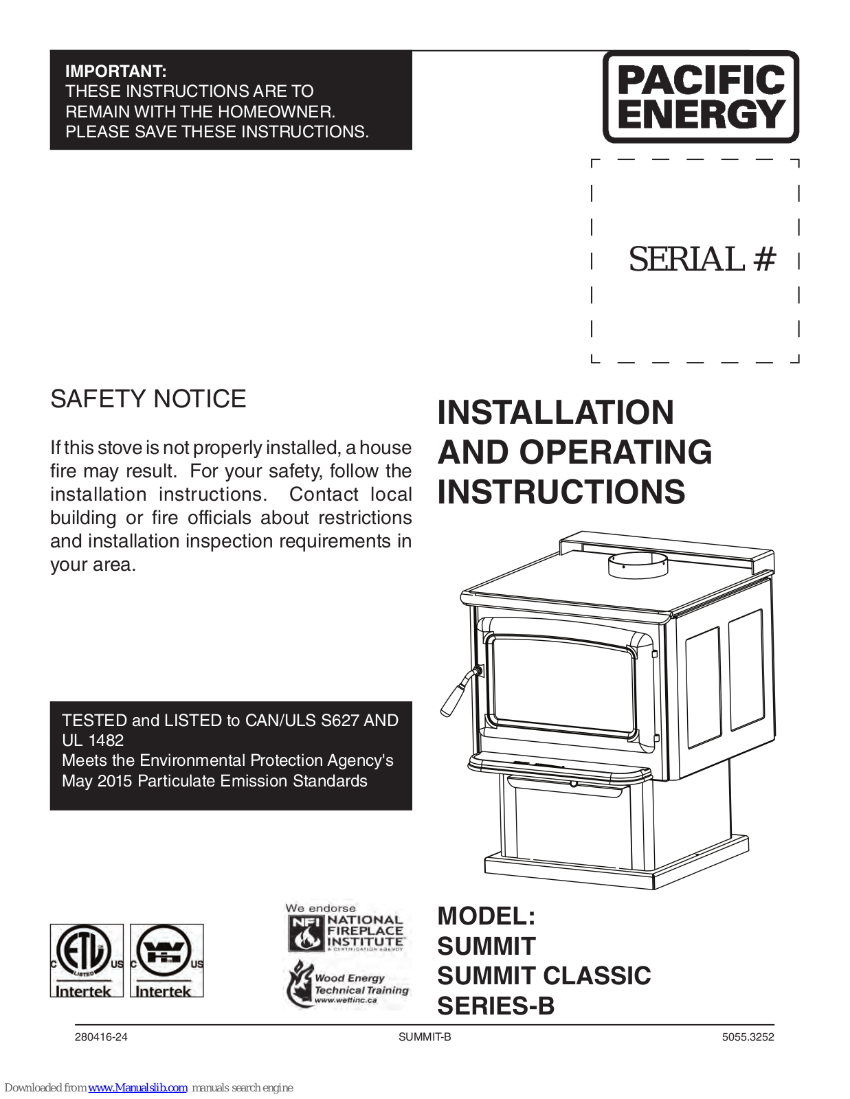 Pacific energy SUMMIT, B, SUMMIT CLASSIC Installation And Operating Instructions Manual