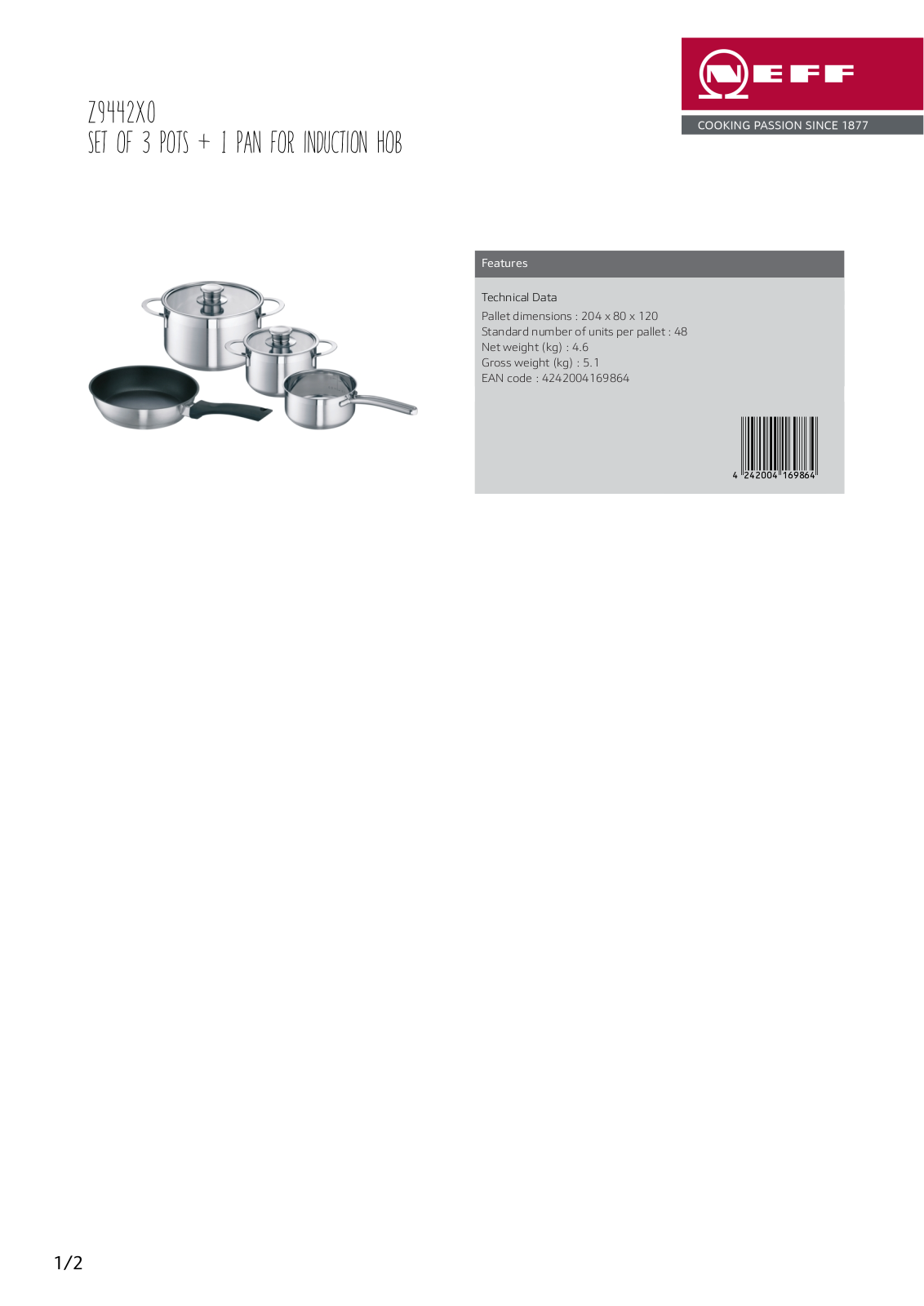 NEFF Z9442X0 Specifications Sheet