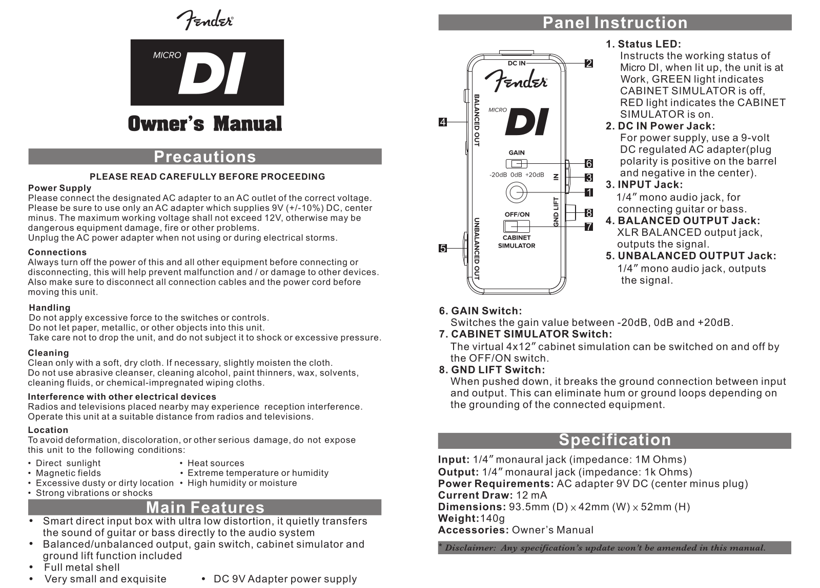 Fender Micro DI User Manual