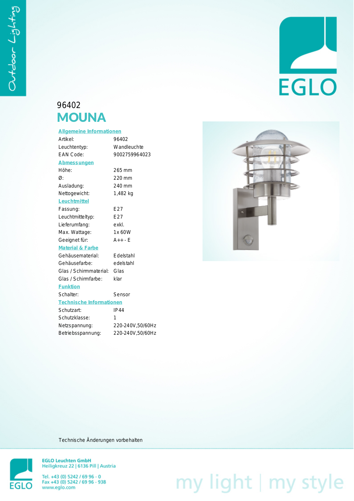 Eglo 96402 Technical data