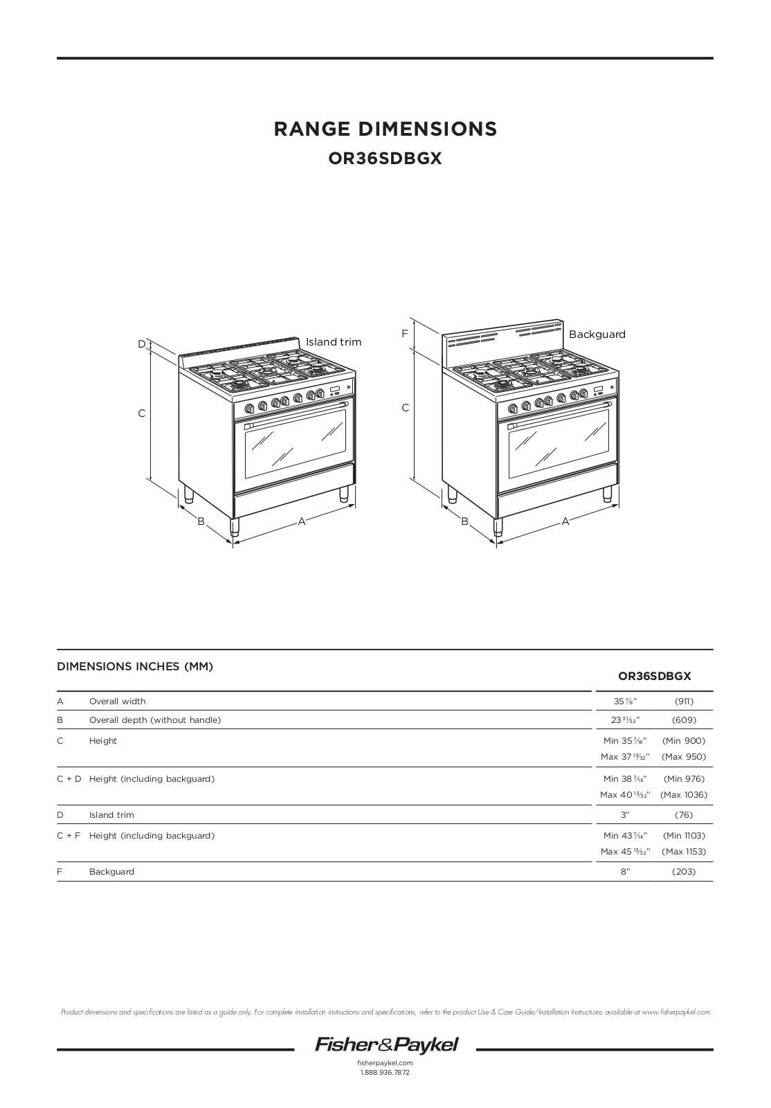 Fisher & Paykel OR36SDBGX2 Installation Worksheet