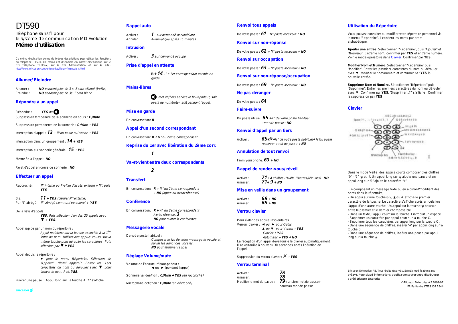 Aastra DT590 Quick Reference Guide