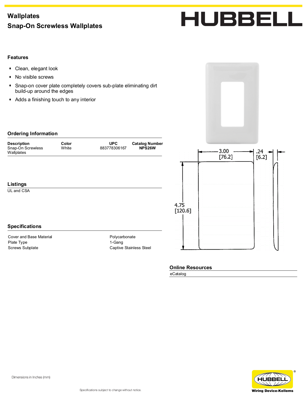 Hubbell NPS26W Specifications