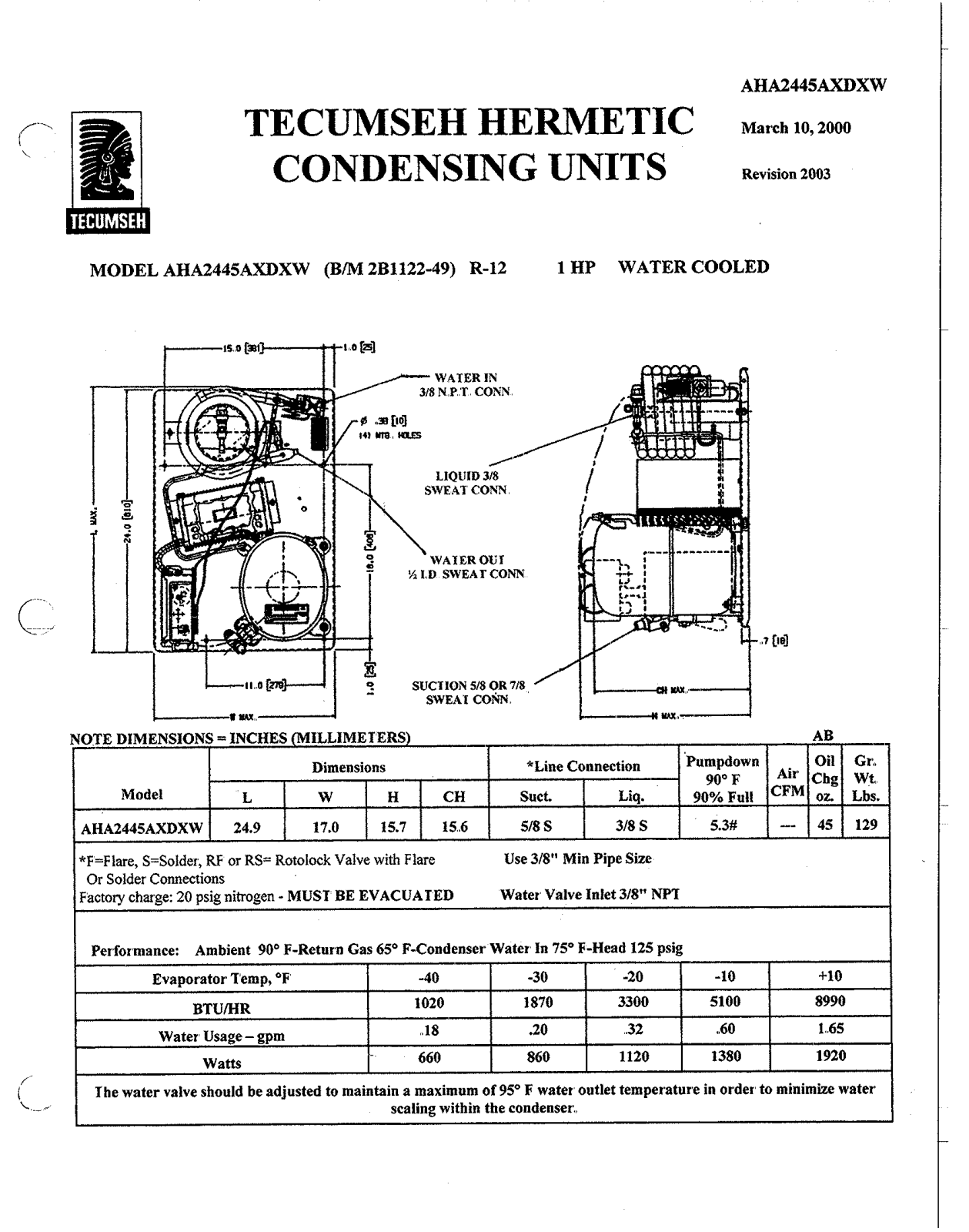 Tecumseh AHA2445AXDXW Performance Data Sheet