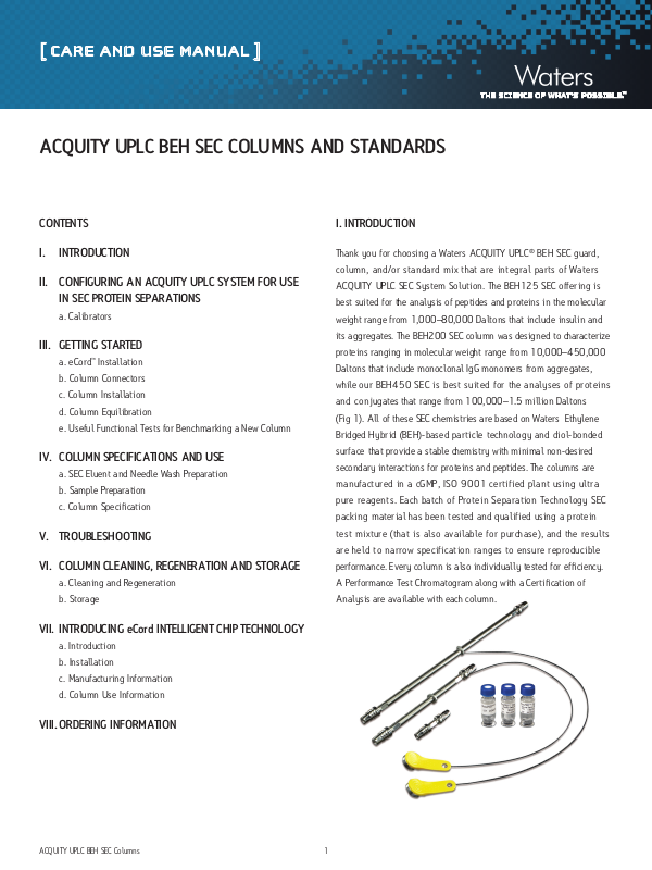 Waters ACQUITY UPLC SEC Columns and Standards User Manual