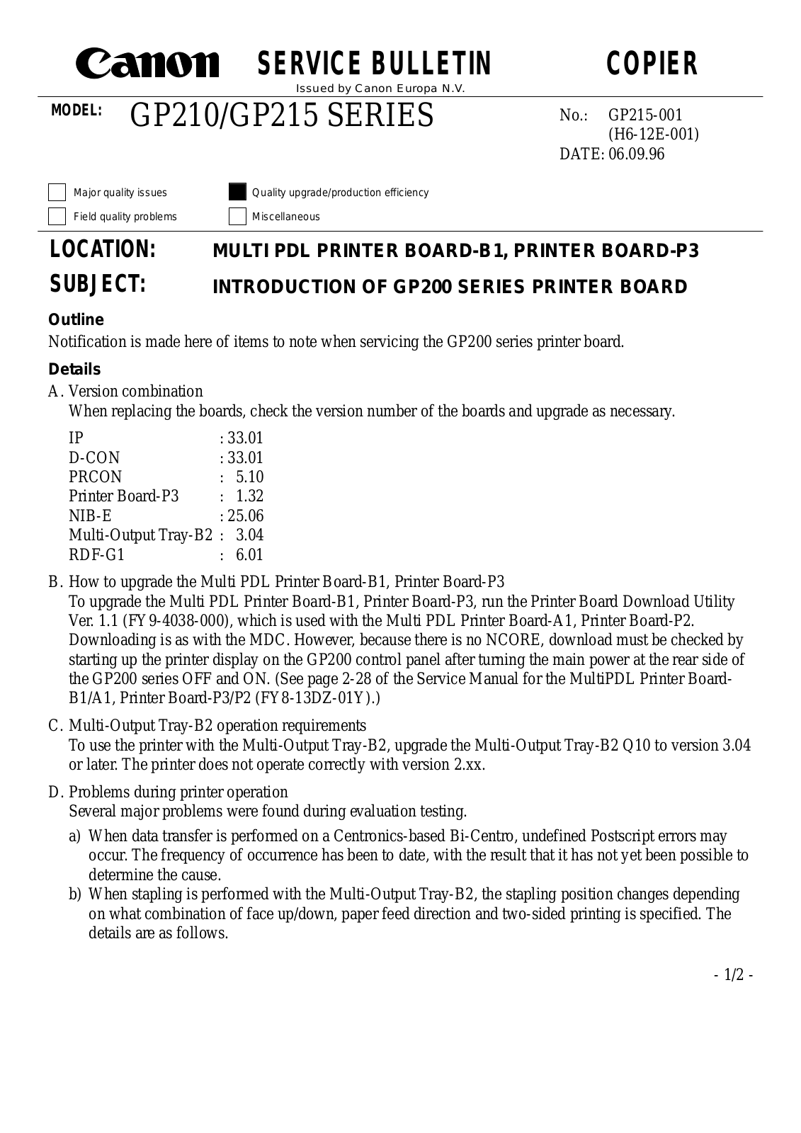 Canon GP-215, Gp-210 SERVICE BULLETIN gp215