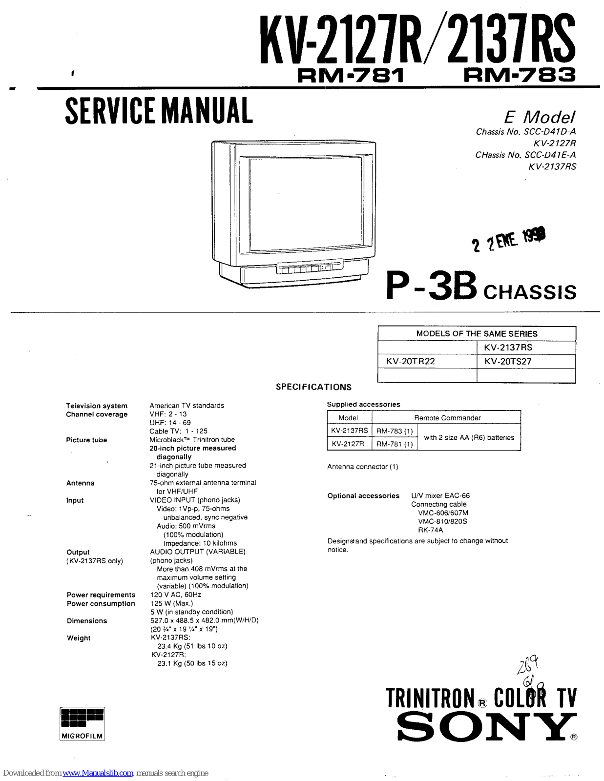 Sony KV-2137RS, Trinitron KV-2127R, Trinitron KV-2137RS Service Manual